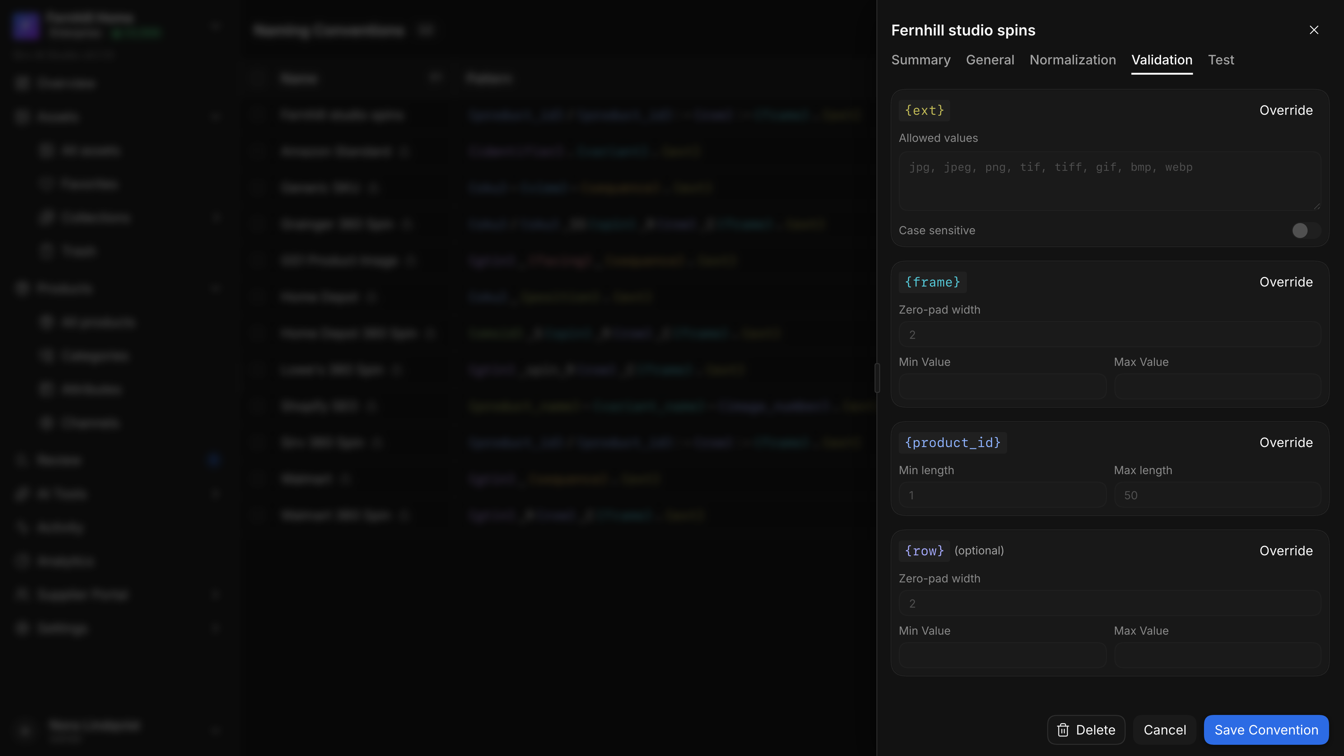 The Validation tab: allowed extensions for {ext}, zero-padding and ranges for {frame} and {row}, and length limits for {product_id}, each overridable.