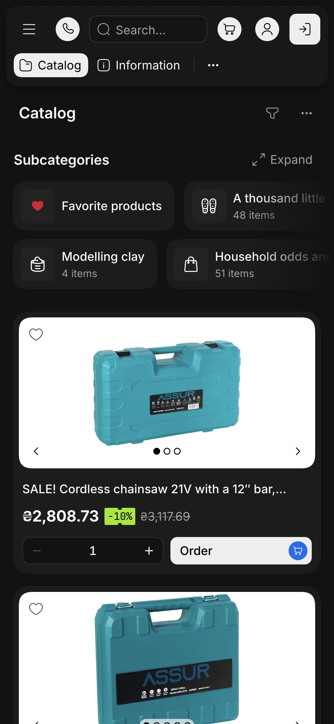 The same Sparta catalog on a phone: a compact header with menu, phone, search, cart and sign-in buttons, subcategory tiles in two columns, and one product card per row with its photo carousel, price, discount and Order button.