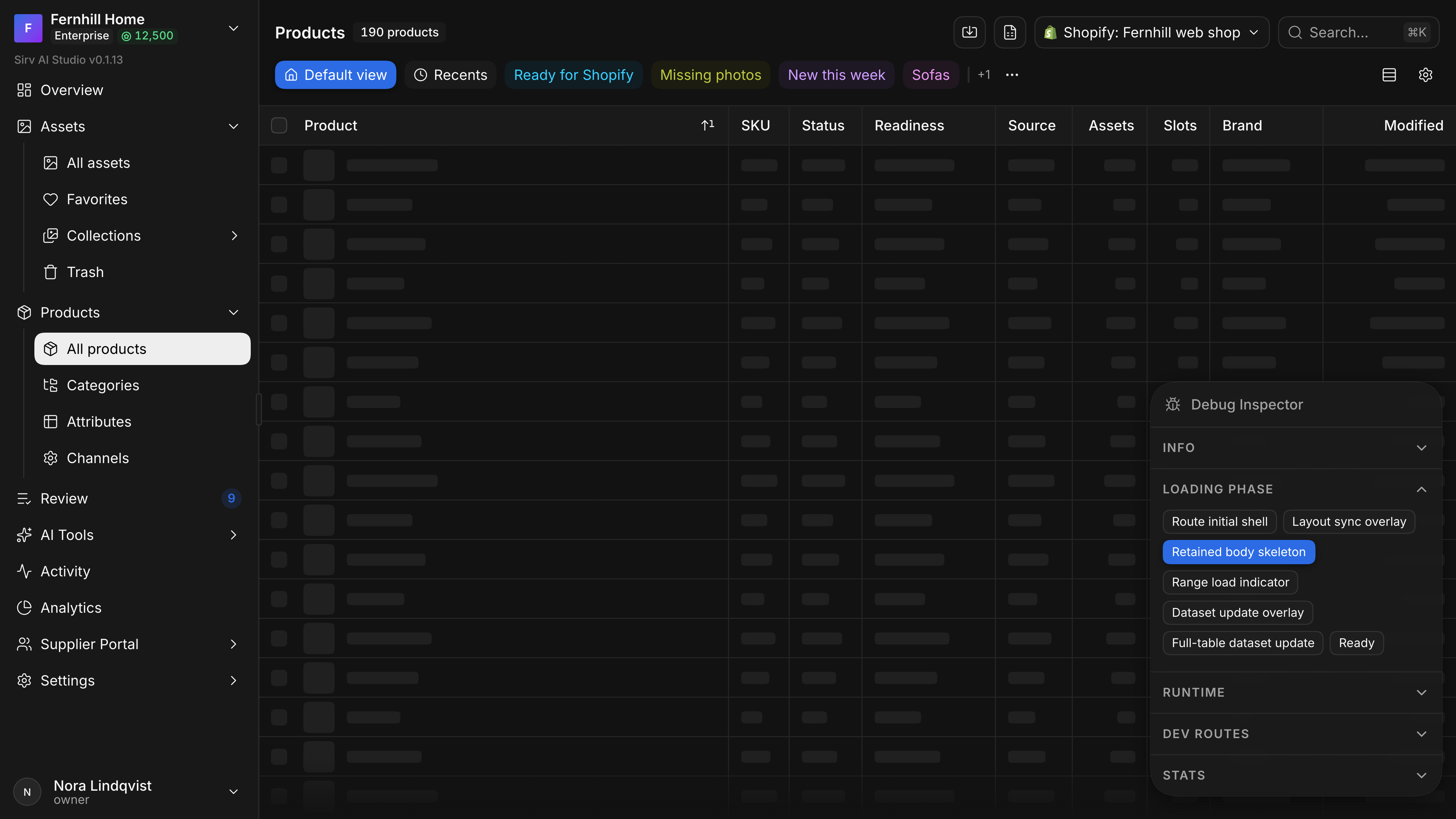 The Debug Inspector opened over the products table. Its Loading phase section lists Route initial shell, Layout sync overlay, Retained body skeleton (selected), Range load indicator, Dataset update overlay, Full-table dataset update and Ready, above Runtime, Dev routes and Stats; behind it every column of the table shows the carpet.