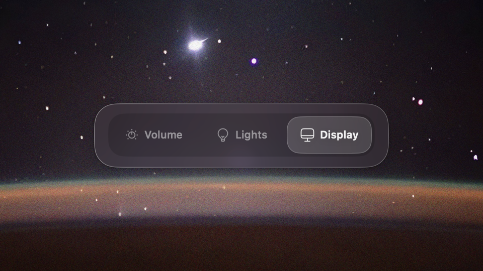 A dark glass HUD with Apple's segmented control: Volume, Lights and Display, with Display selected.