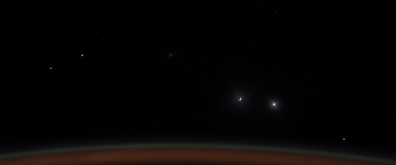 A crescent Moon and Jupiter with long diffraction rays above an orange horizon; other stars are plain dots.