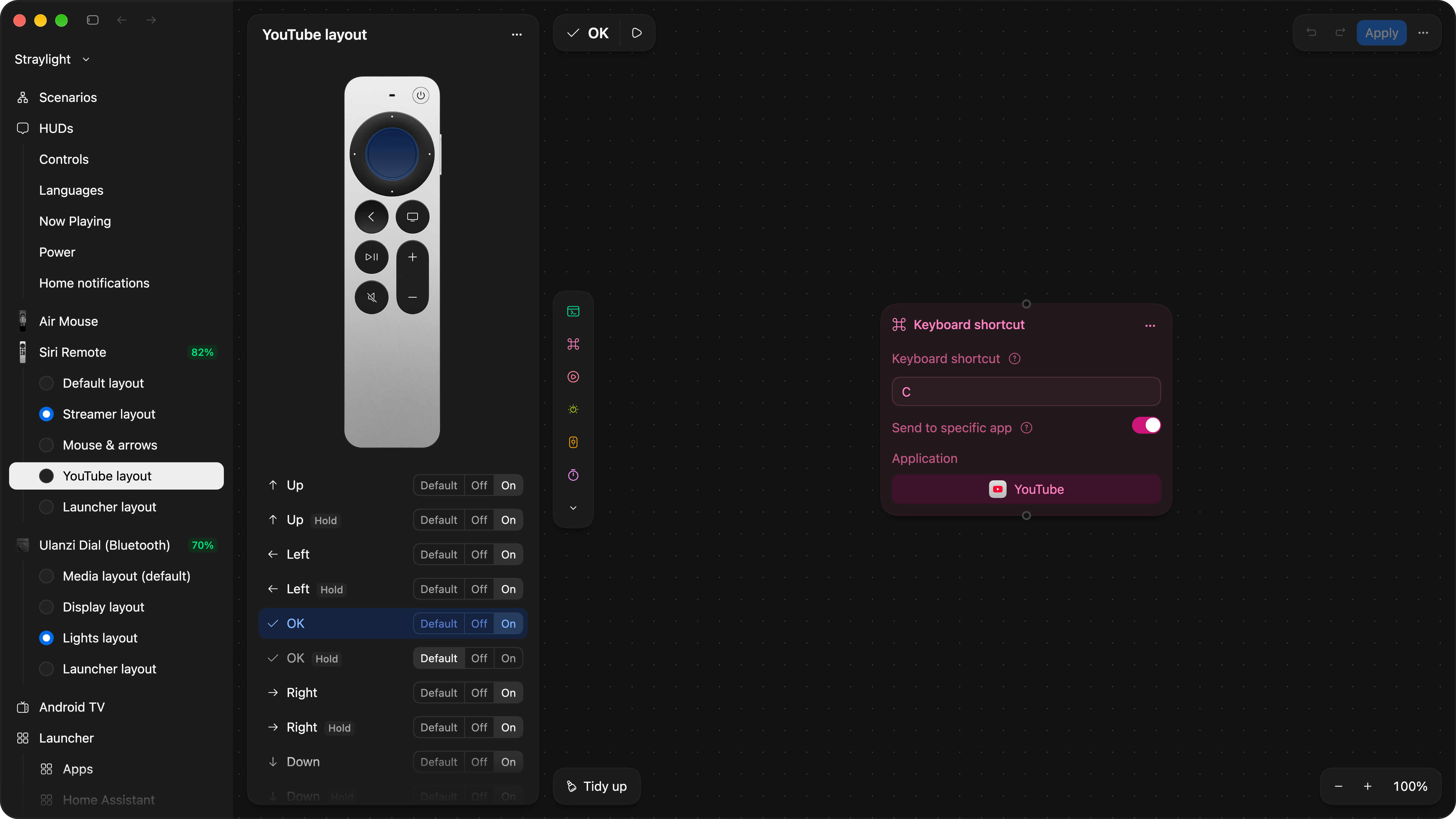 The editor with the Siri Remote's YouTube layout open, while Streamer is the active one in the sidebar: a picture of the remote with its clickpad highlighted, a list of inputs each set to Default, Off or On, and on the canvas a pink Keyboard shortcut card that sends C to the YouTube app.