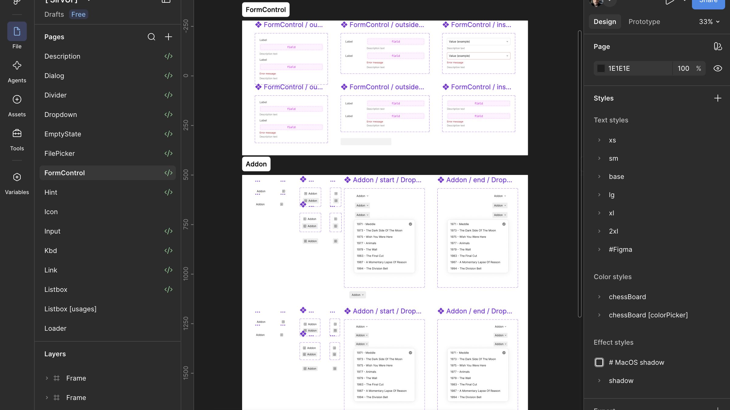 The FormControl page in Figma: labels outside and inside fields, descriptions and error messages, and an Addon section with dropdown add-ons at the start and end of a field.