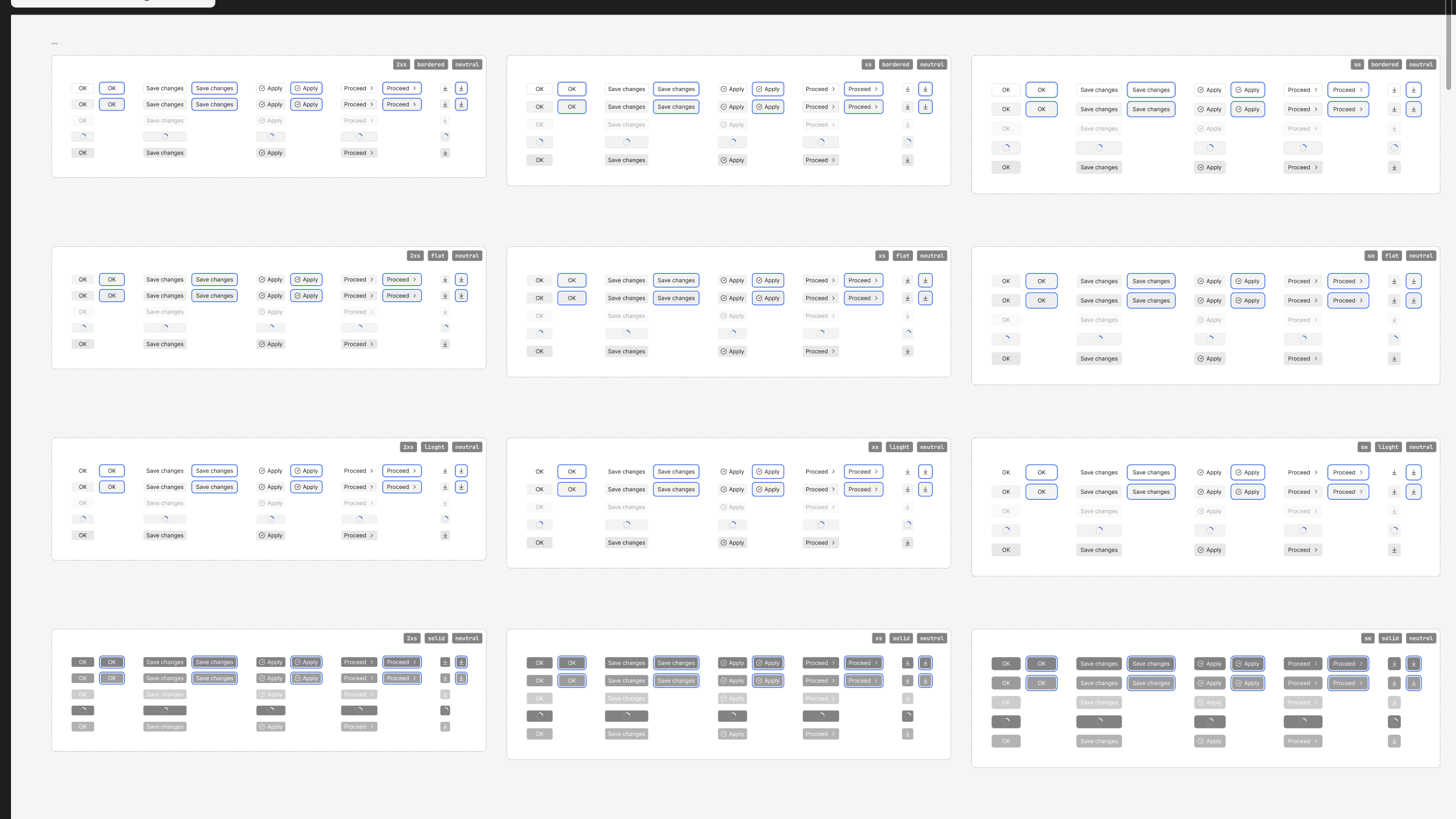 A Figma board of button showcases in the light theme: one panel per size and variant, 2xs, xs and sm by bordered, flat, light, solid and vibrant, each with the same buttons in every state.