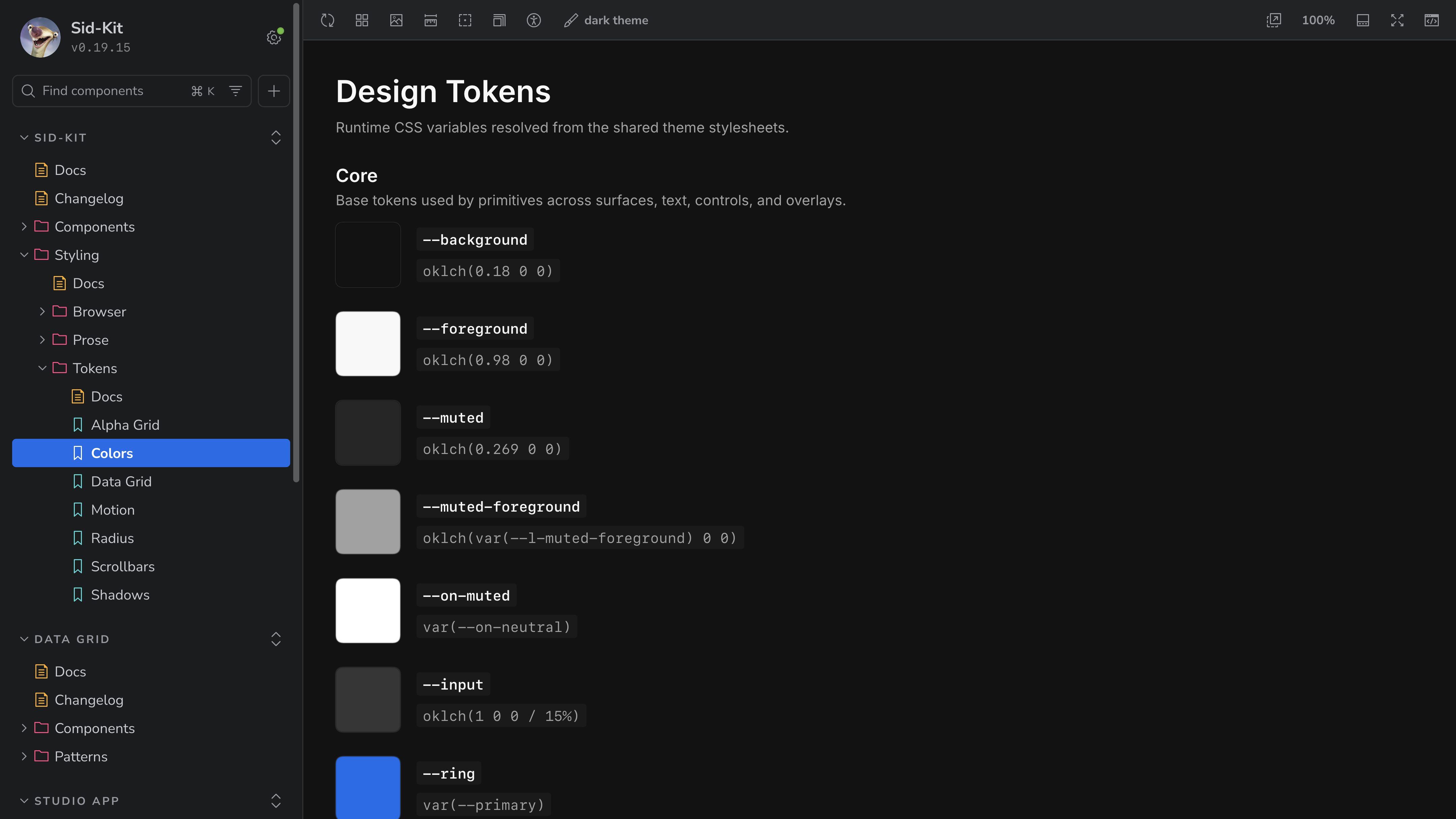 Studio's Storybook in the dark theme on Design Tokens: core tokens such as --background, --foreground, --muted and --muted-foreground with their swatches and definitions read from the stylesheet, for example oklch(var(--l-muted-foreground) 0 0) and var(--primary).