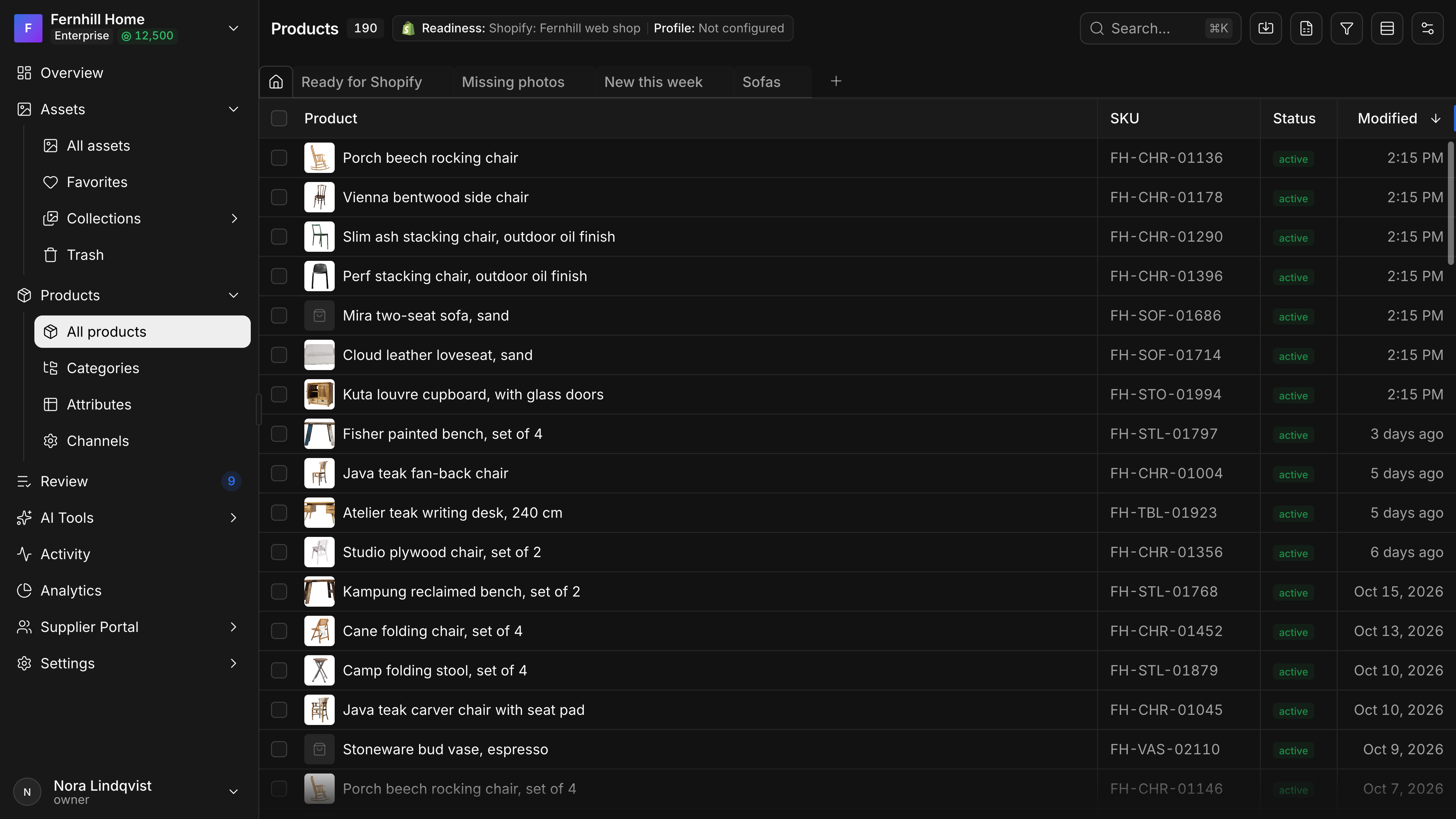 Saved views on 25 May: plain tabs above the products table, a home icon, Ready for Shopify, Missing photos, New this week and Sofas, with a plus for a new view; the table shows product, SKU, status and modified.
