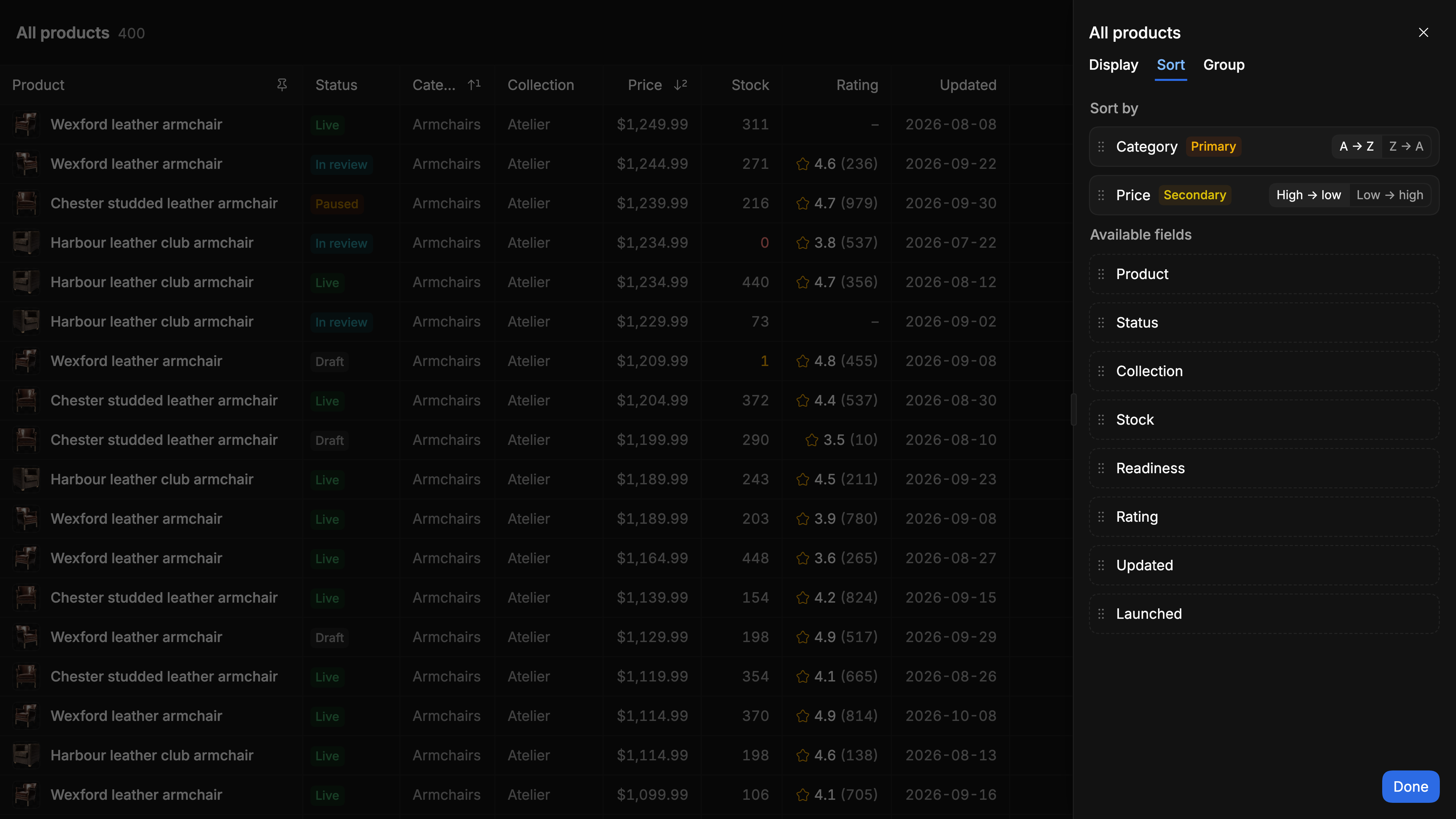 The View sheet open on its Sort tab beside a dimmed product table. Category is the primary sort and Price the secondary, each with its direction, above a list of available fields and a Done button.