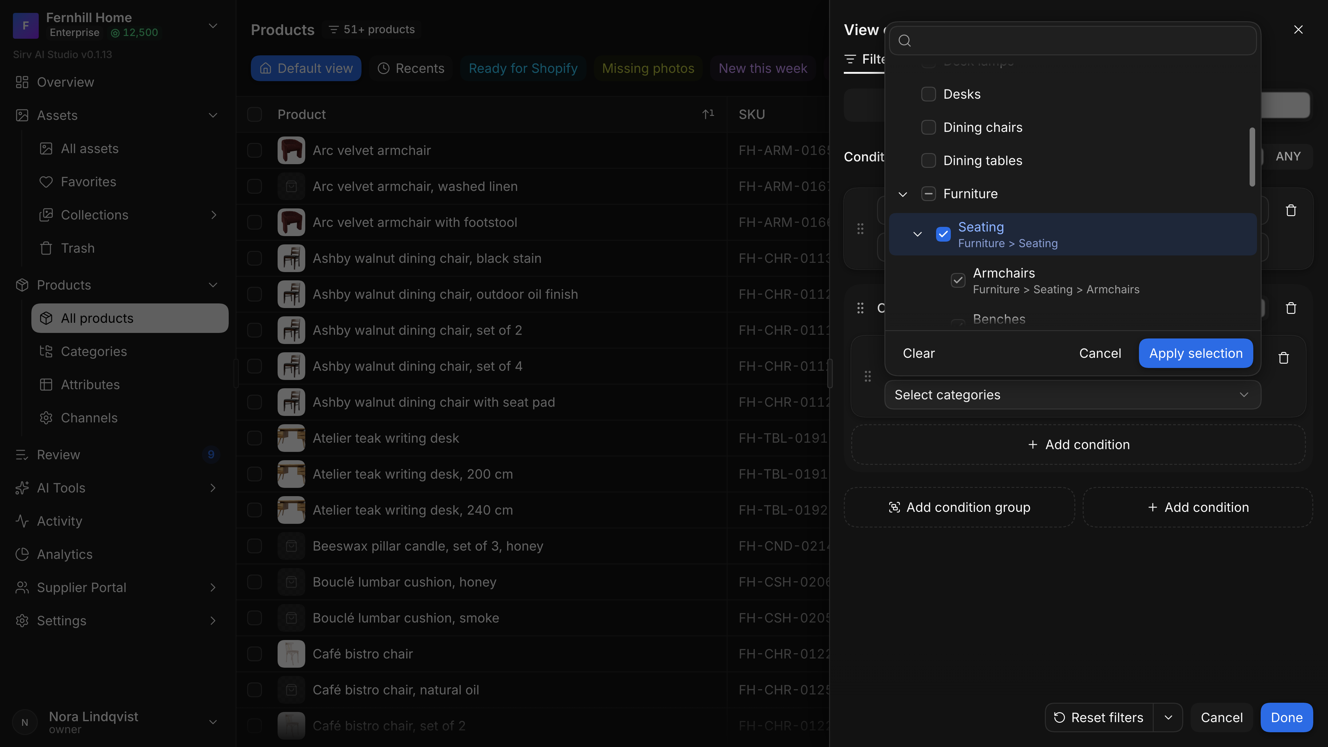 A category picker open inside a query builder condition: a search field over a tree of categories, with Furniture expanded, Seating checked and its children Armchairs and Benches checked with it, each with its path such as Furniture > Seating > Armchairs, above Clear, Cancel and Apply selection.