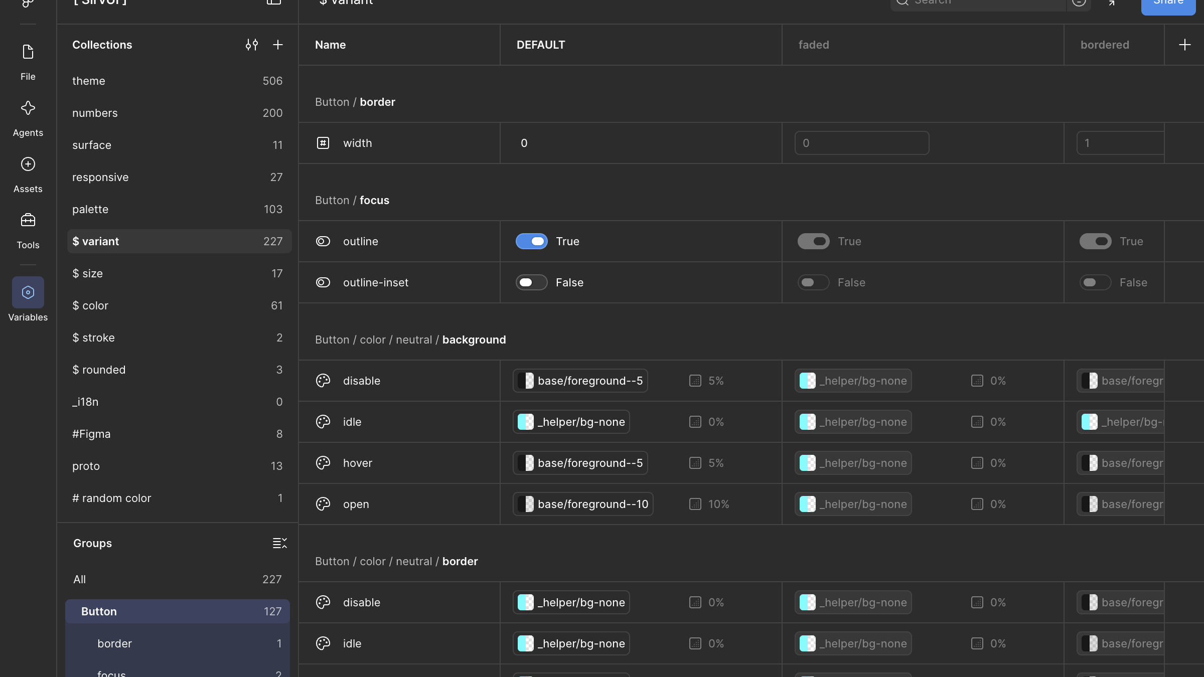 Figma Variables for the SirvUI file: a $variant collection of 227 variables with modes default, faded and bordered, showing Button border width, focus outlines and neutral background colours for disabled, idle, hover and open states.