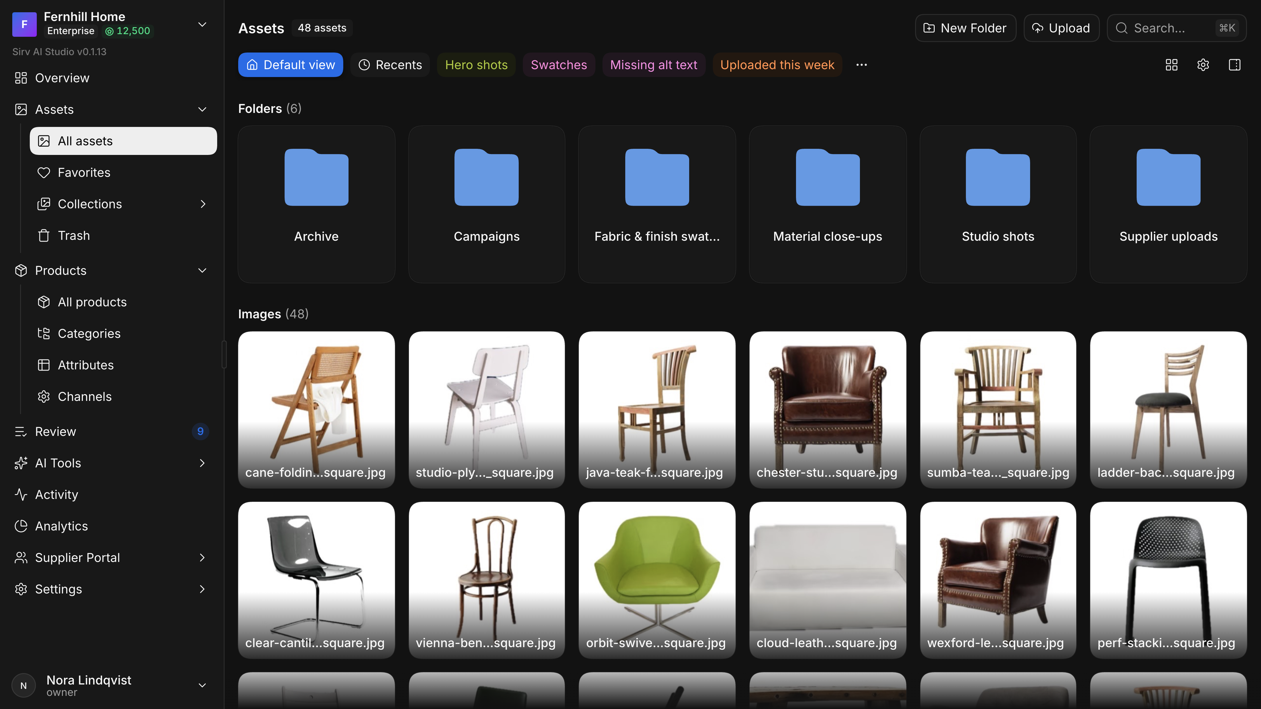 Studio in June: Overview, Assets with All assets, Favorites, Collections and Trash, Products with All products, Categories, Attributes and Channels, then Review, AI Tools, Activity, Analytics, Supplier Portal and Settings, beside the assets gallery with its saved views.
