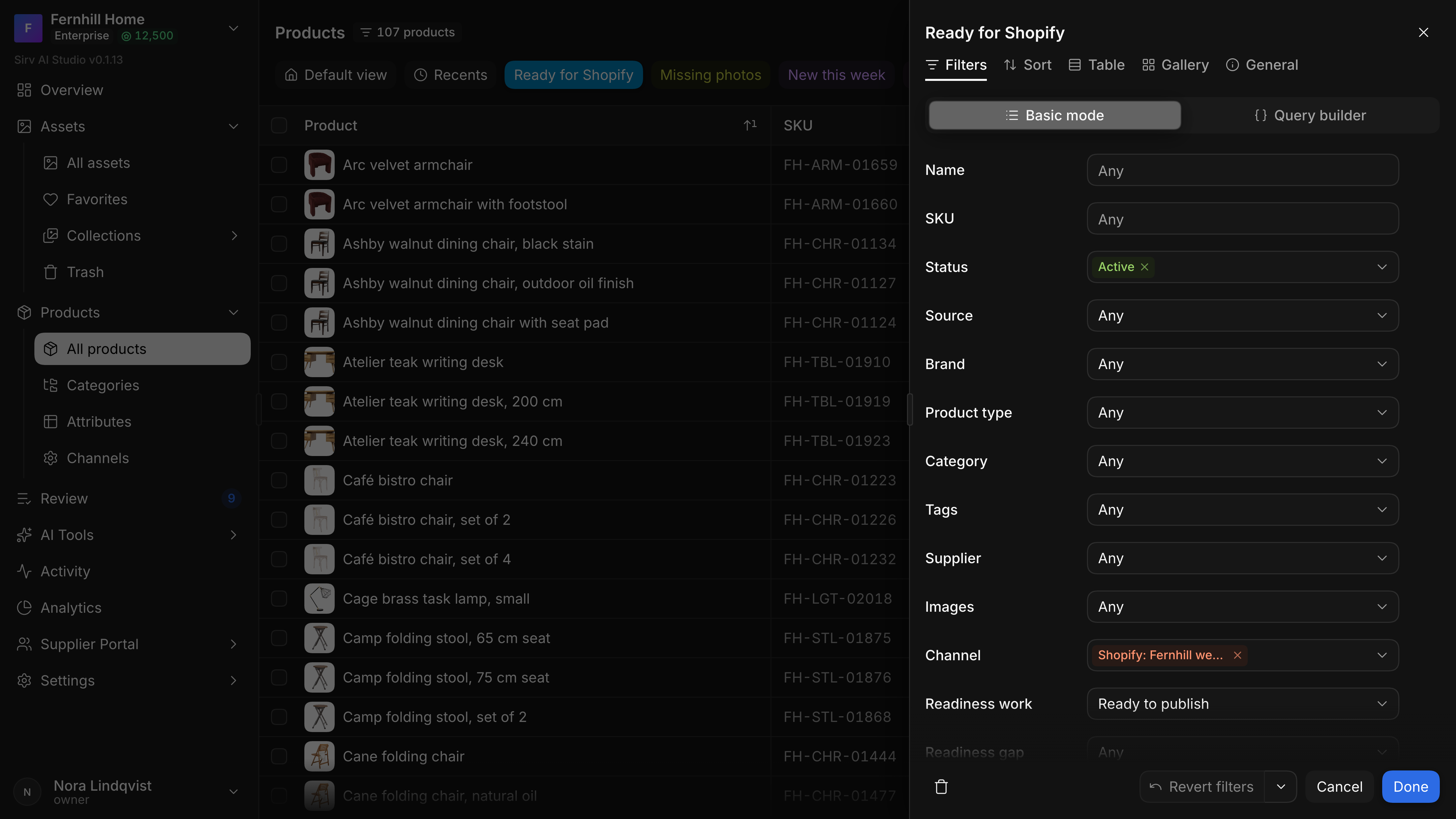 The view sheet for Ready for Shopify on its Filters tab in Basic mode: name, SKU, status set to Active, source, brand, product type, category, tags, supplier, images, channel set to the Shopify web shop and readiness set to Ready to publish.