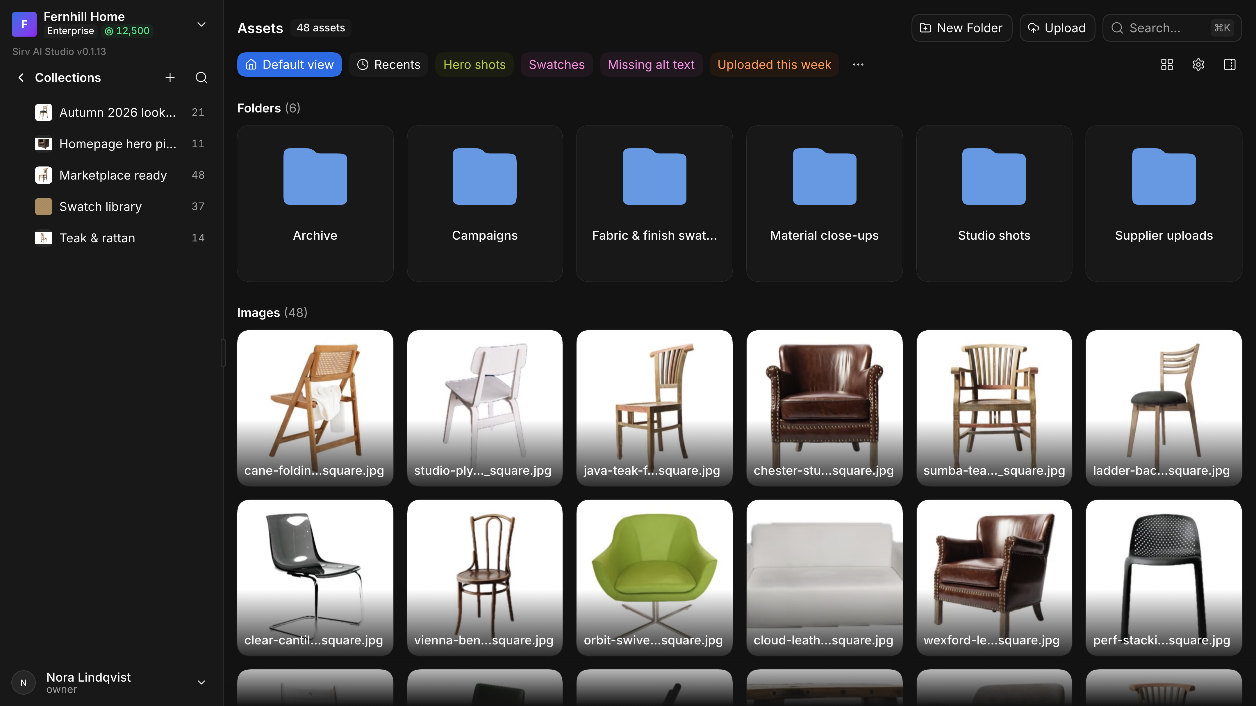 The Collections panel slid in over the sidebar, with a back arrow, add and search buttons and five collections with thumbnails and counts, beside the assets gallery.