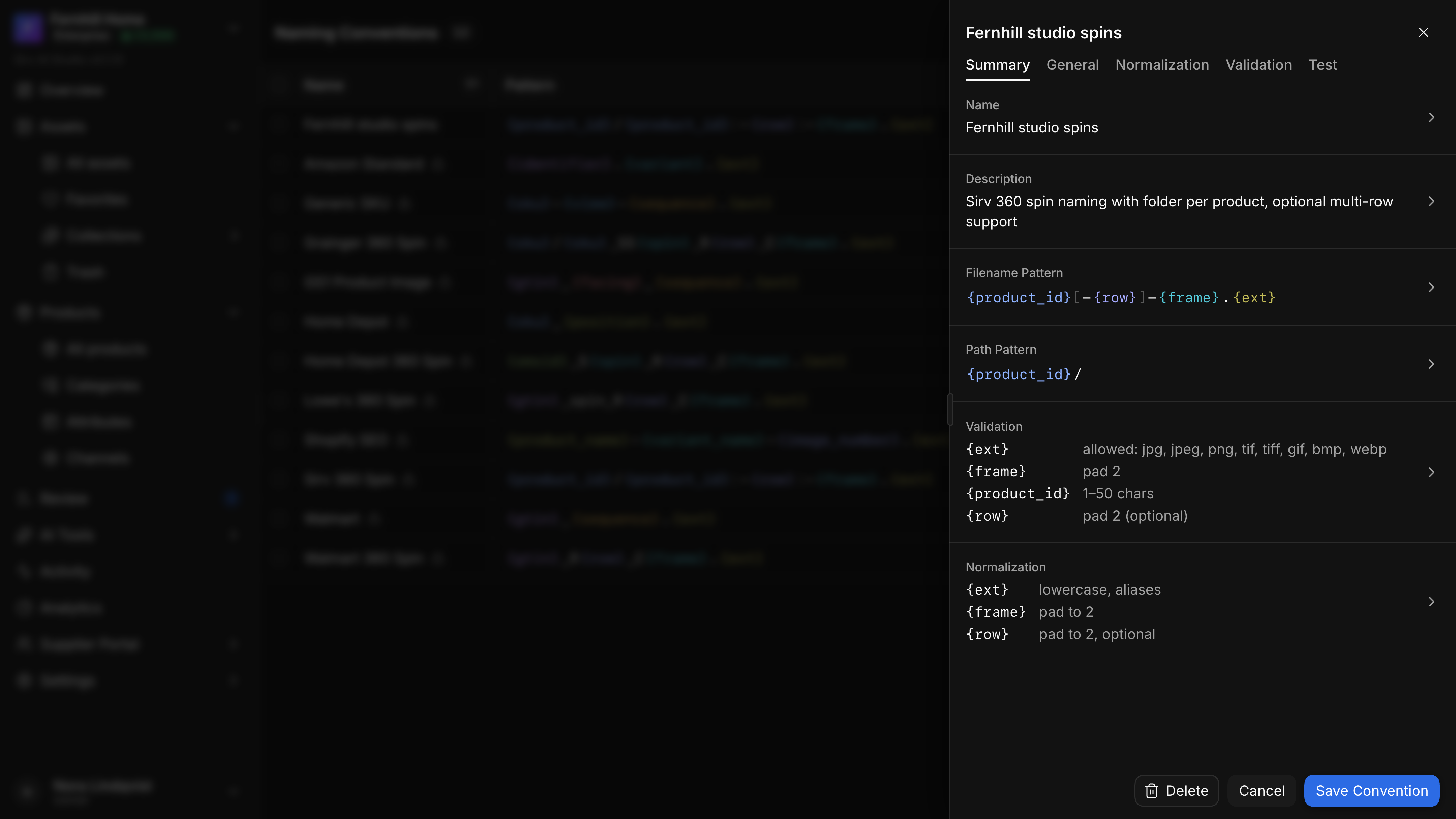 A convention named Fernhill studio spins on its Summary tab: name, description, the filename pattern {product_id}[-{row}]-{frame}.{ext} in coloured chips, the path pattern {product_id}/, and short lists of validation and normalization per variable.