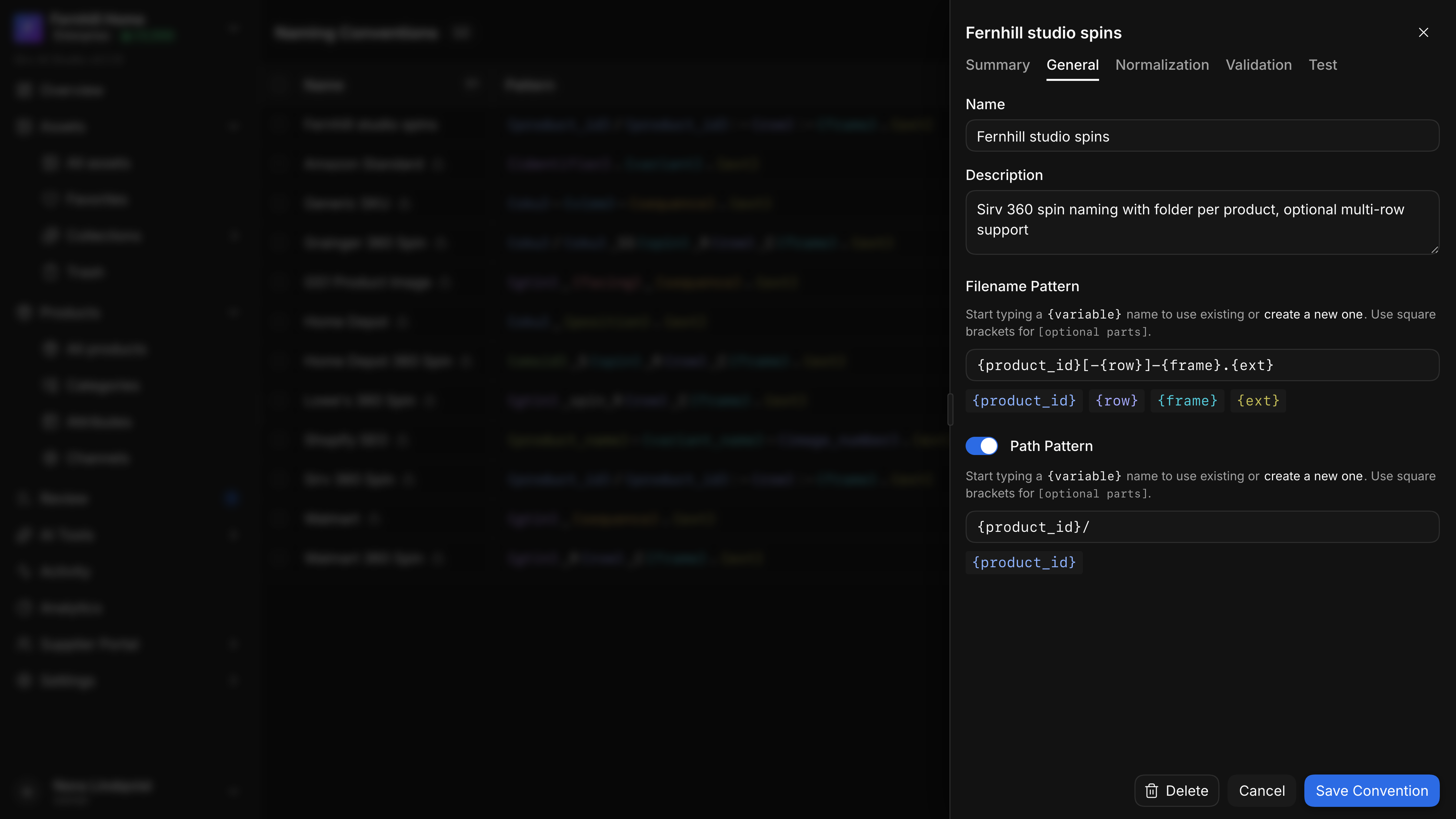 The General tab: name and description fields, the filename pattern typed as text with chips for each variable below it, and a path pattern switched on.