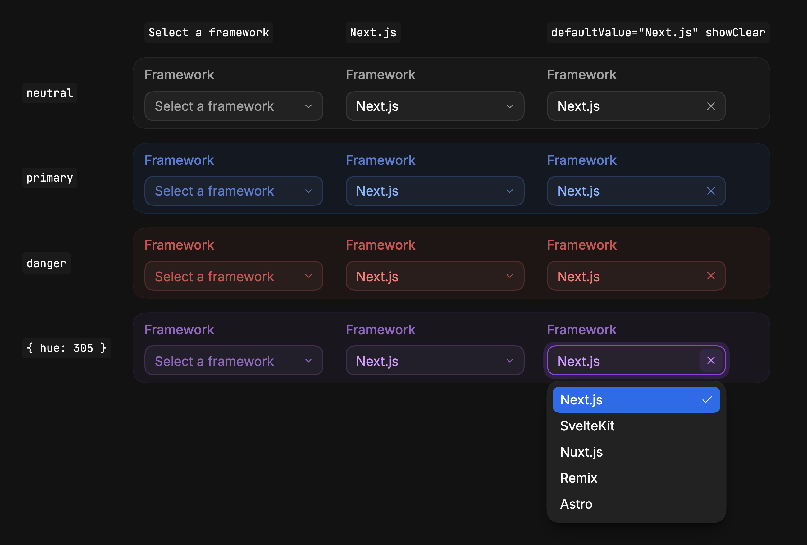 Sid-Kit comboboxes in the dark theme in four tinted panels, neutral, primary, danger and a hue of 305, each with an empty field, a chosen Next.js and a Next.js with a clear button. Labels, fields, chevrons and clear buttons take the panel's color; the last field is focused with a violet ring and its list is open below it.