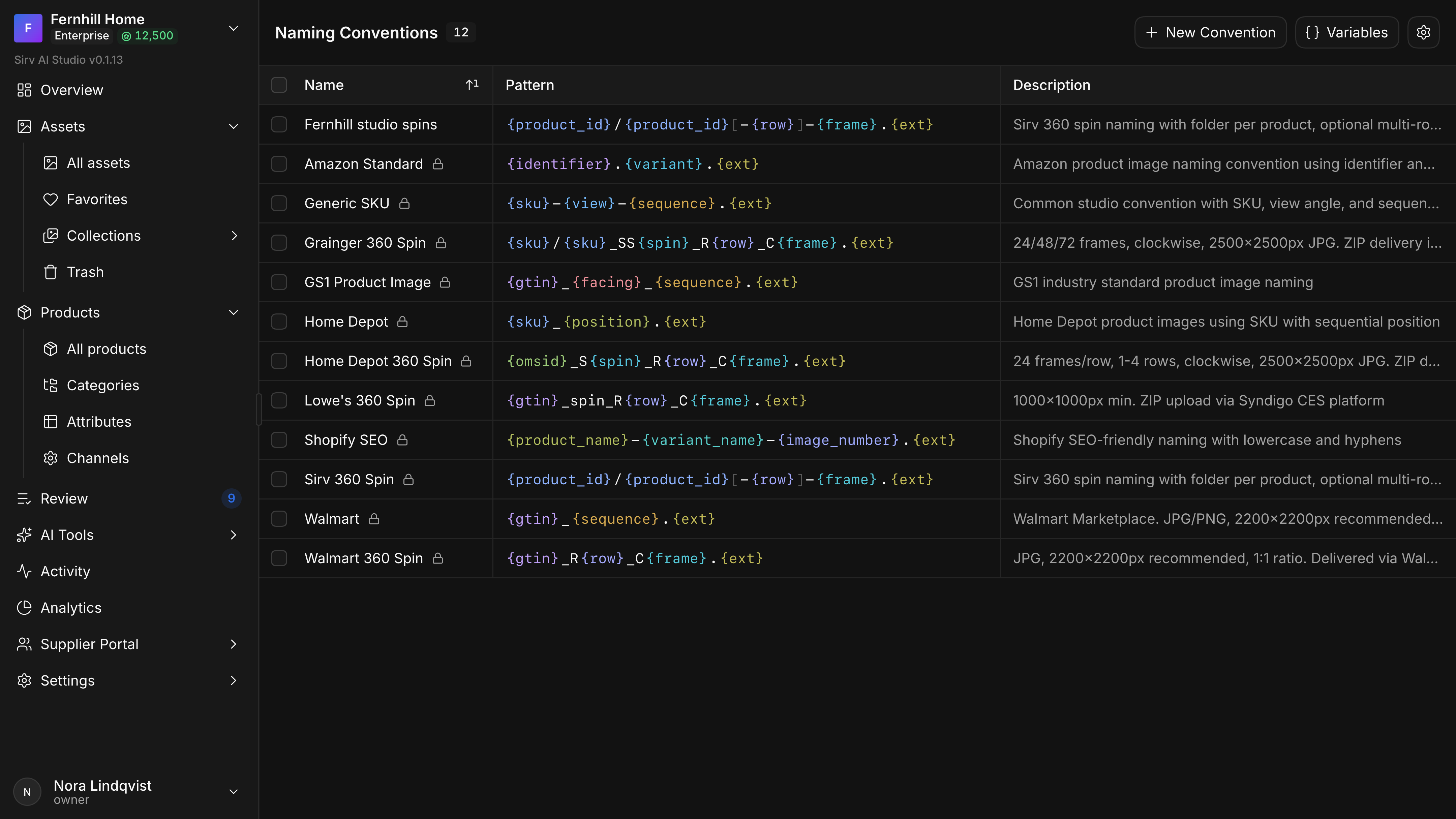 The Naming Conventions list: Amazon Standard, Generic SKU, Grainger 360 Spin, GS1 Product Image, Home Depot, Lowe's 360 Spin, Shopify SEO, Sirv 360 Spin, Walmart and others, each pattern drawn with coloured variables such as {gtin}, {sequence}, {row}, {frame} and {ext} between plain separators.