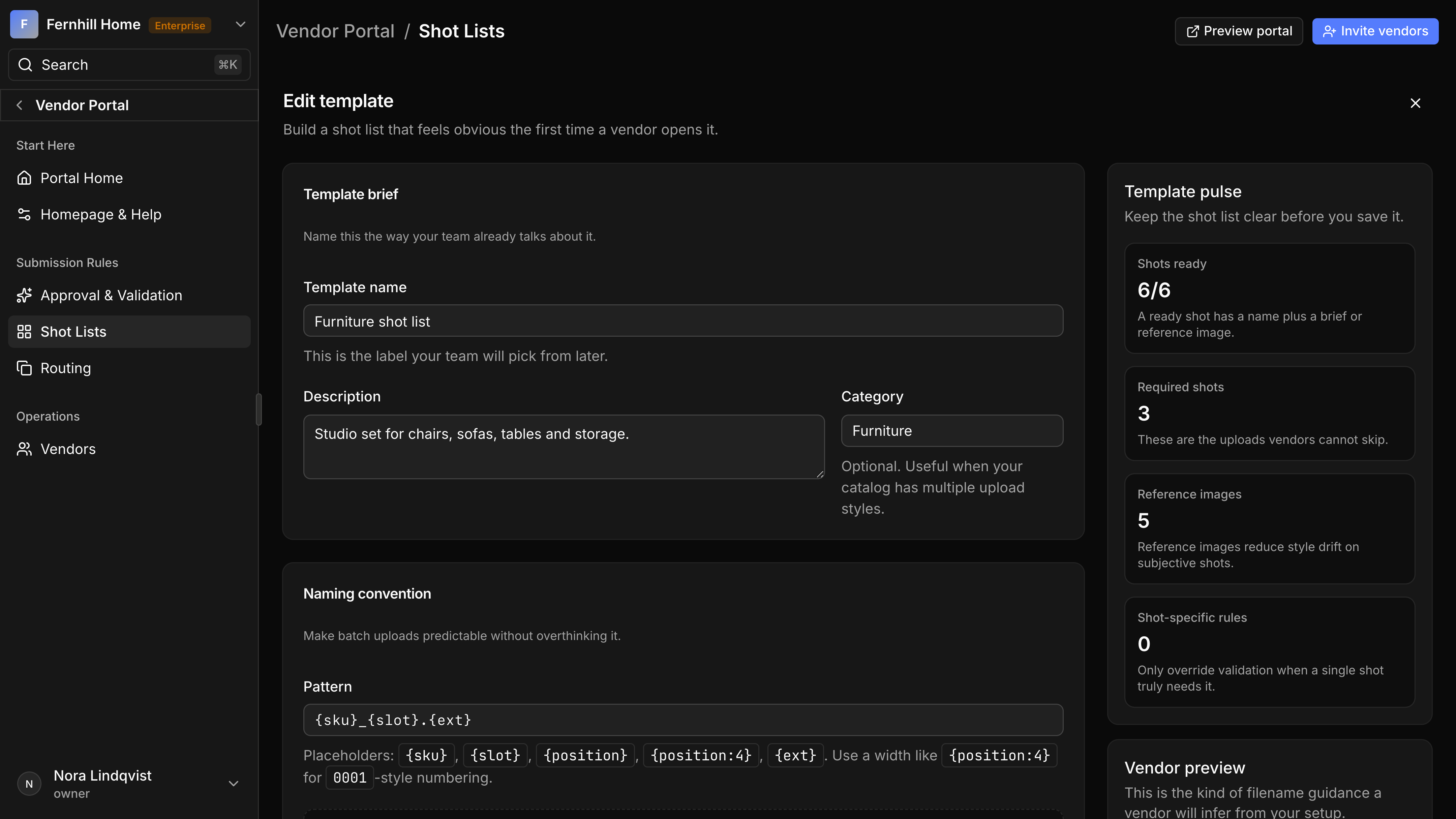 A shot list editor on 17 March in the vendor portal settings: a long page with a template brief, a naming convention with a filename pattern and placeholders, and side cards for template pulse counts and a vendor preview of file names.