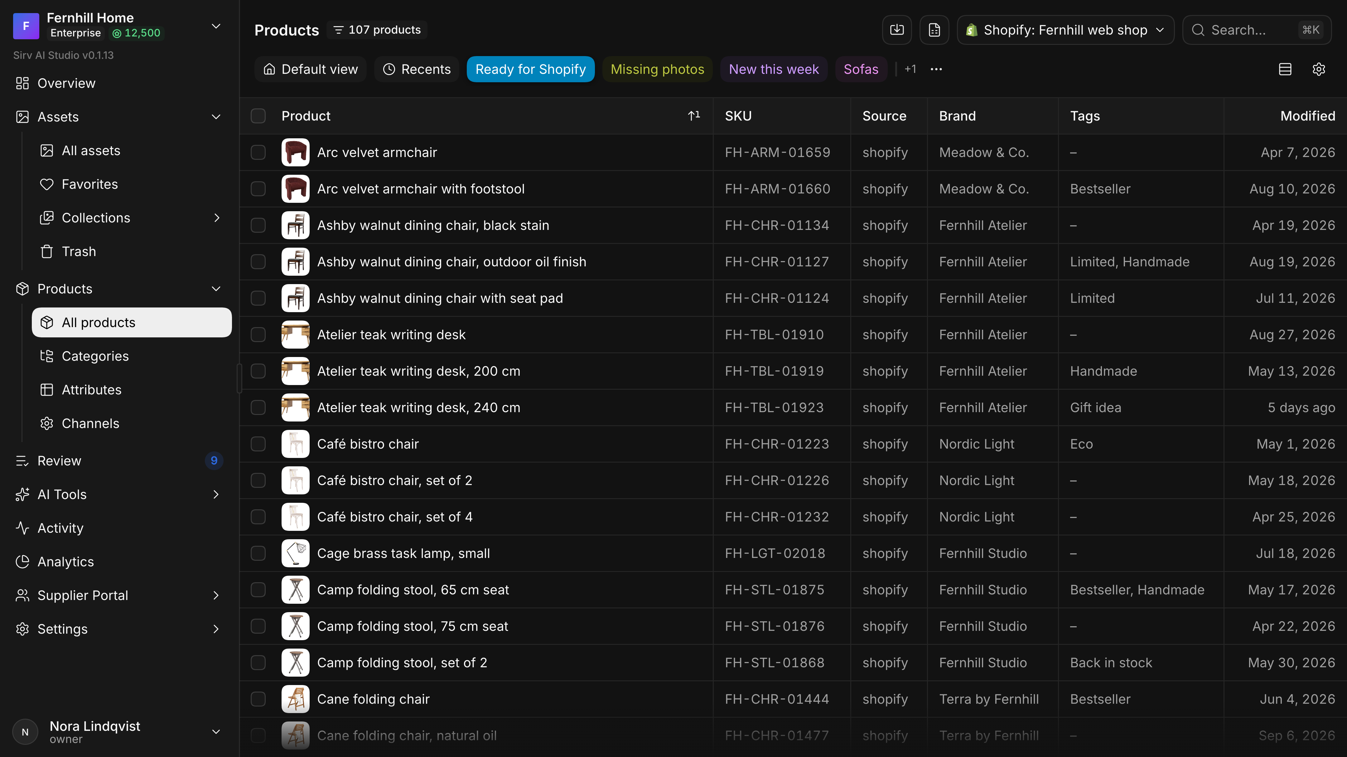 June, the Ready for Shopify view: a filled cyan button among coloured view buttons, 107 products, and its own columns: product, SKU, source, brand, tags and modified.