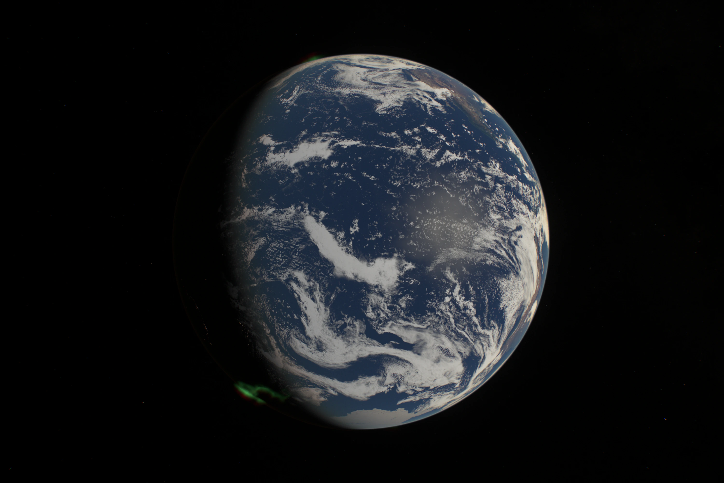 Earth from far away over the Pacific with clean, dense white cloud masses and a sliver of aurora at the lower left.