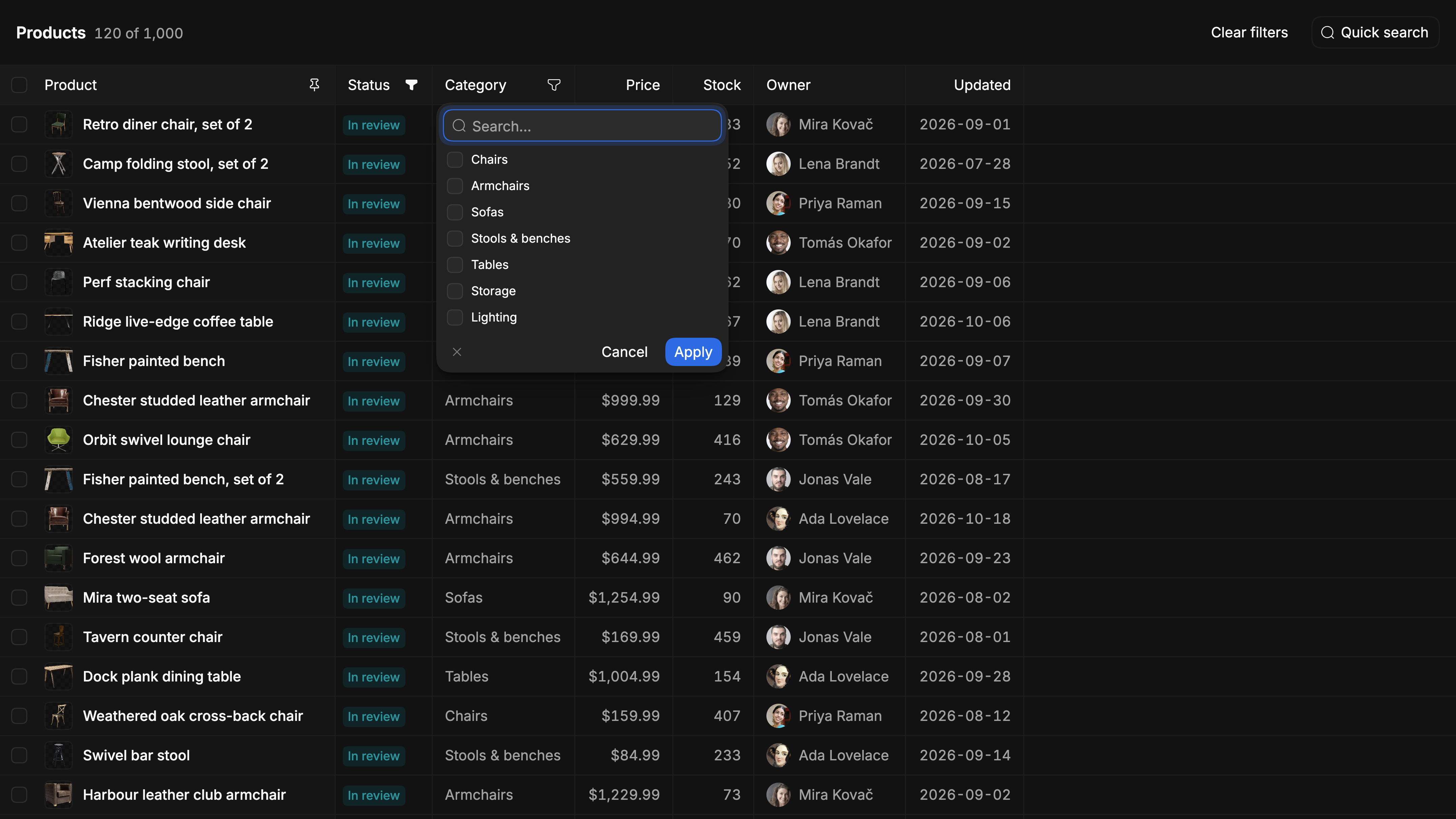 A Category filter popover open under its header, with a search field and a list of categories, Cancel and Apply. The Status header shows a funnel for an applied filter.