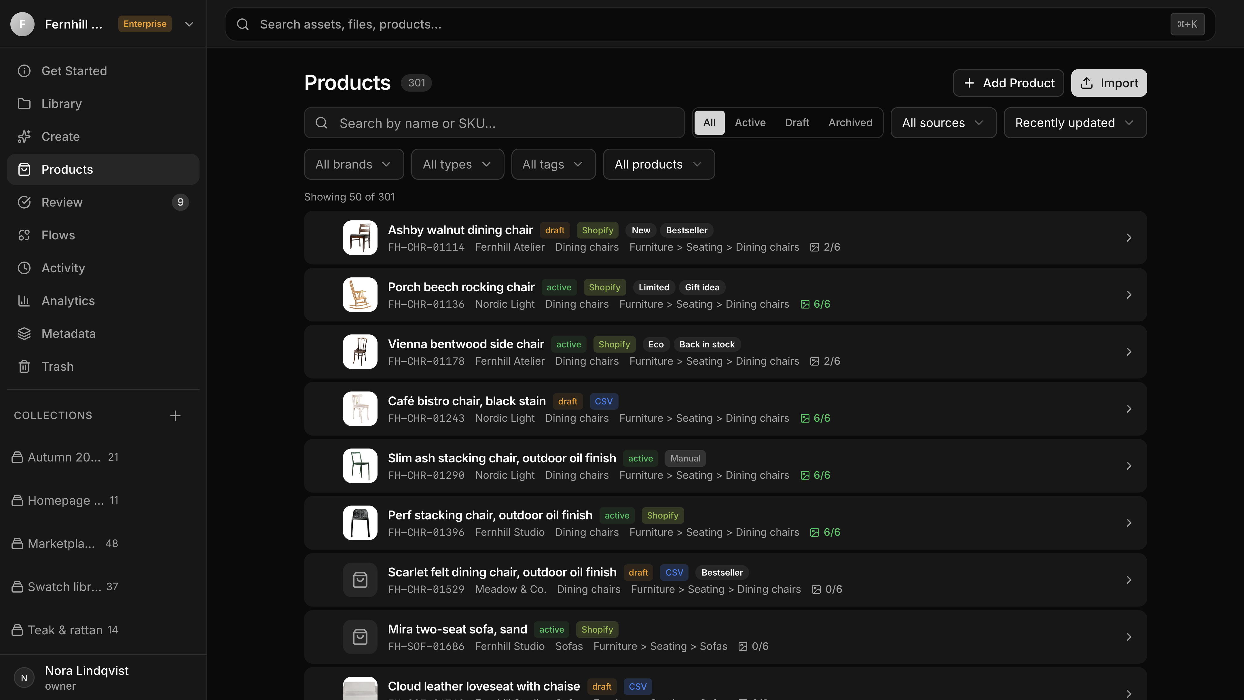 Products on 4 March: a list of wide cards, each with a thumbnail, a name, status and source badges, tags, a SKU, the brand, the product type twice and a count of filled photos such as 2/6, under filters for brands, types, tags and products.