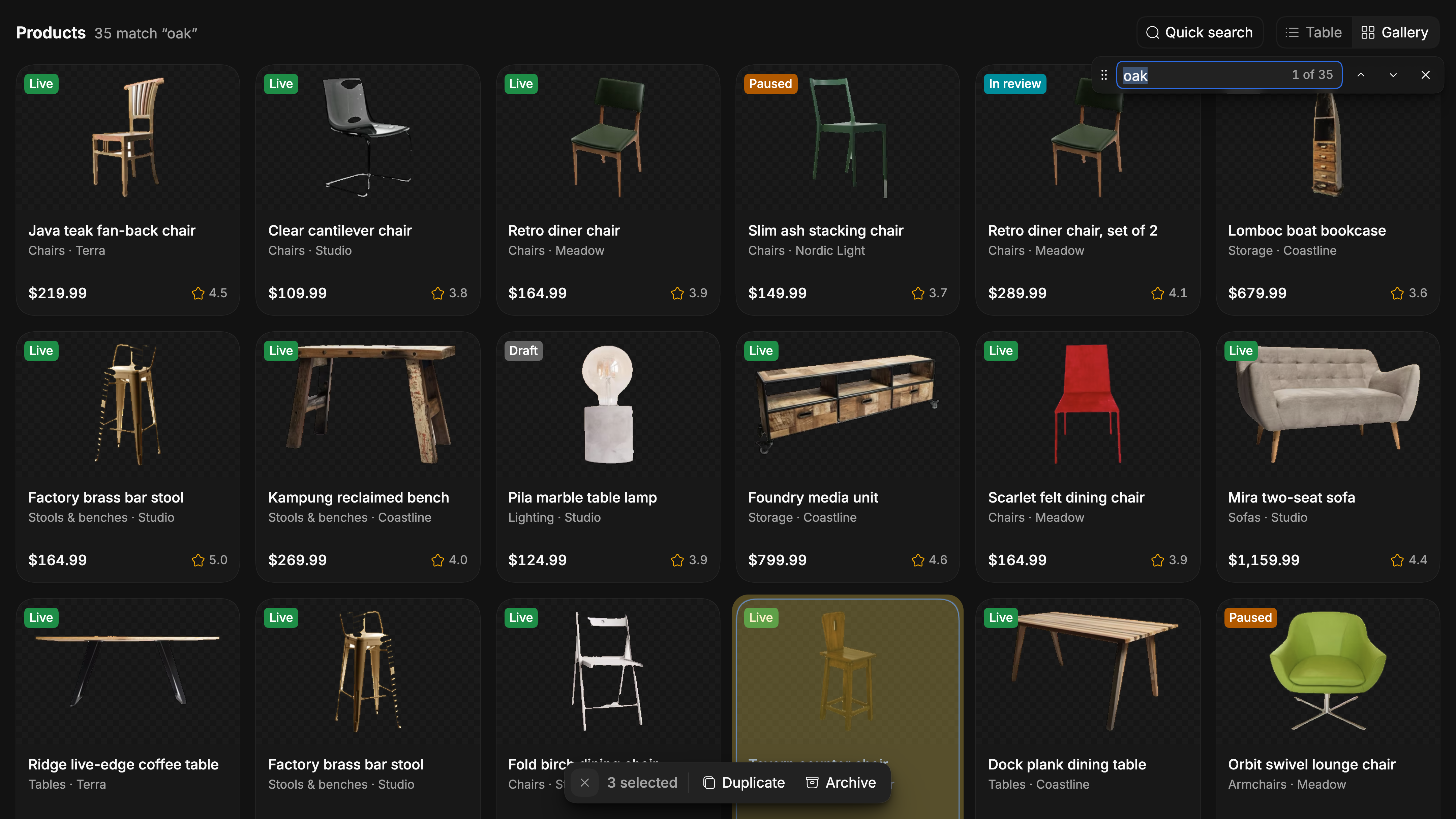 Products as a gallery of cards with photos of chairs, stools, tables, a sofa and a lounge chair, each with a status badge. Find is open on oak, 1 of 35, with the current match's card highlighted, and a floating bar reads 3 selected, Duplicate and Archive.