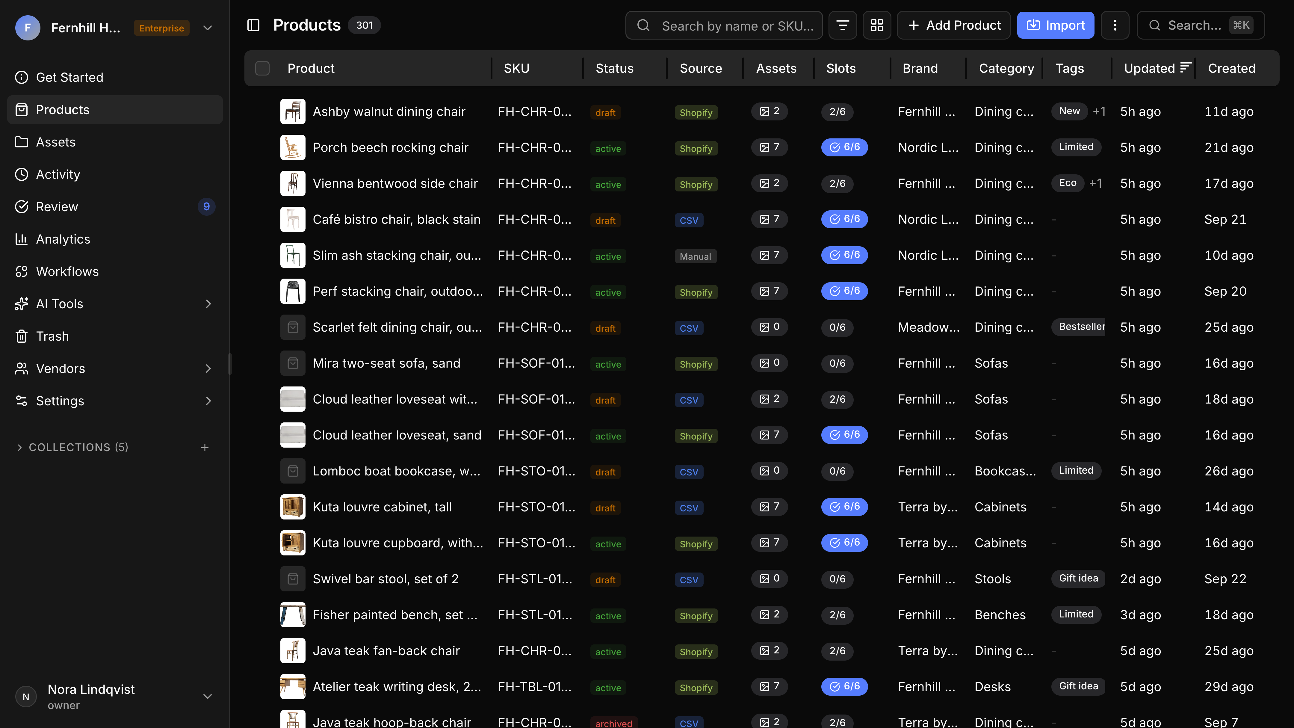 Products on 10 March: a table on the first grid, with checkboxes, product, SKU, status, source, assets, slots, brand, category, tags, updated and created, where most cells are cut off, such as FH-CHR-0… and Dining c….