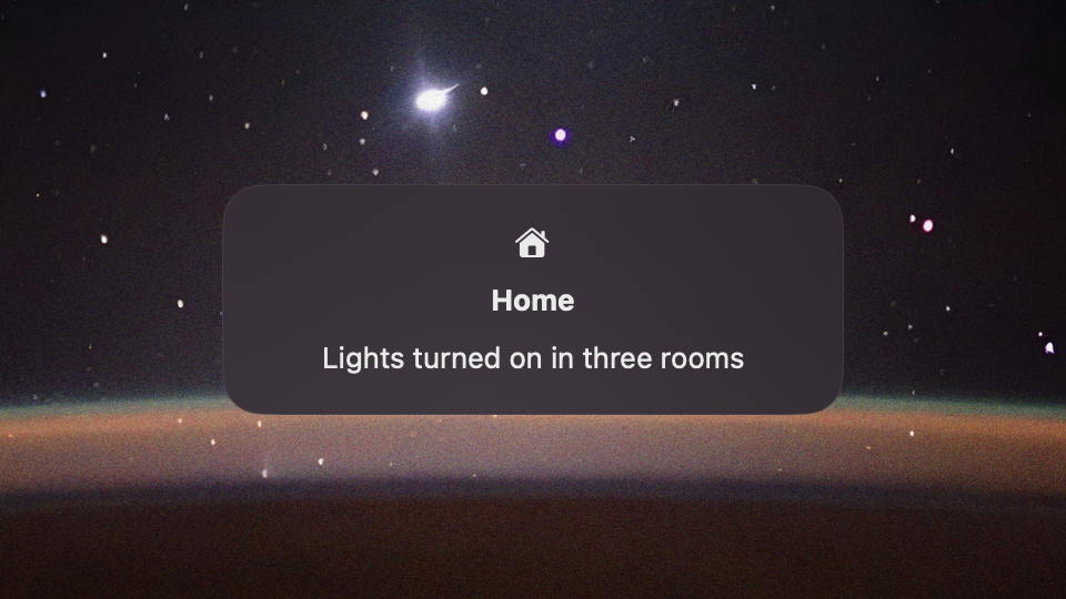 A glass card with a house icon, the title Home and the text Lights turned on in three rooms.
