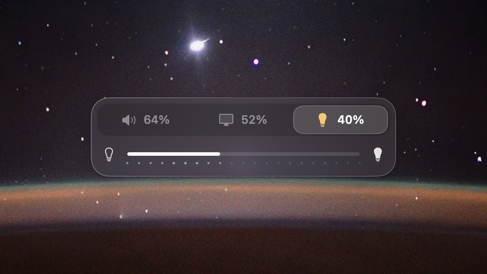 A dark glass HUD over the Earth's glowing edge with three tabs reading 64%, 52% and 40%, the lights tab selected with a yellow bulb, above a brightness bar.