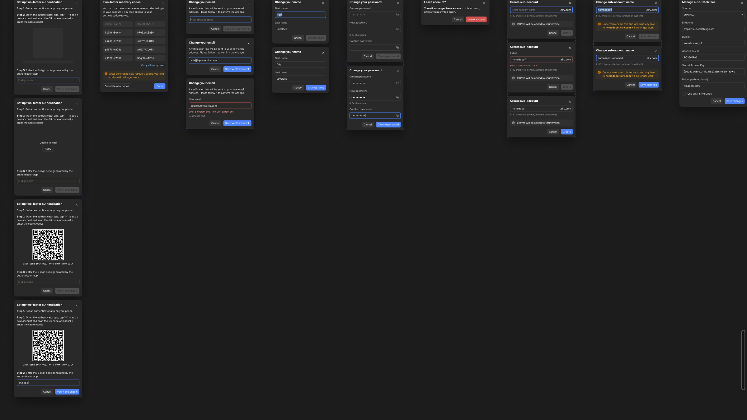 A Figma board of real dialogs in the dark theme: two-factor setup steps with a QR code, recovery codes, changing an email, a name and a password, leaving an account, creating and renaming a sub-account, and managing auto-fetch files, each in several states.