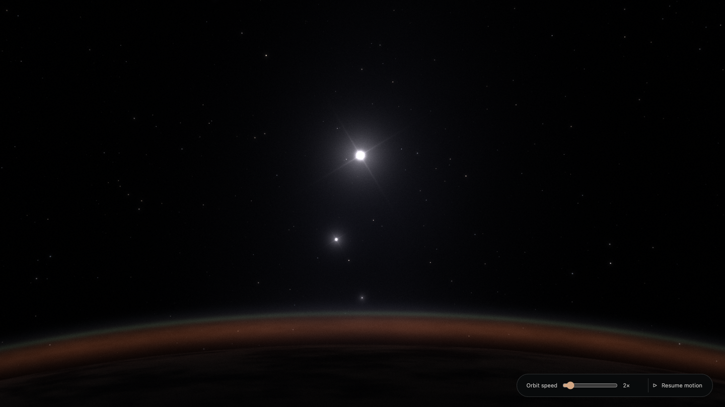 Back to the dark sky, a thin orange horizon and three bright points.