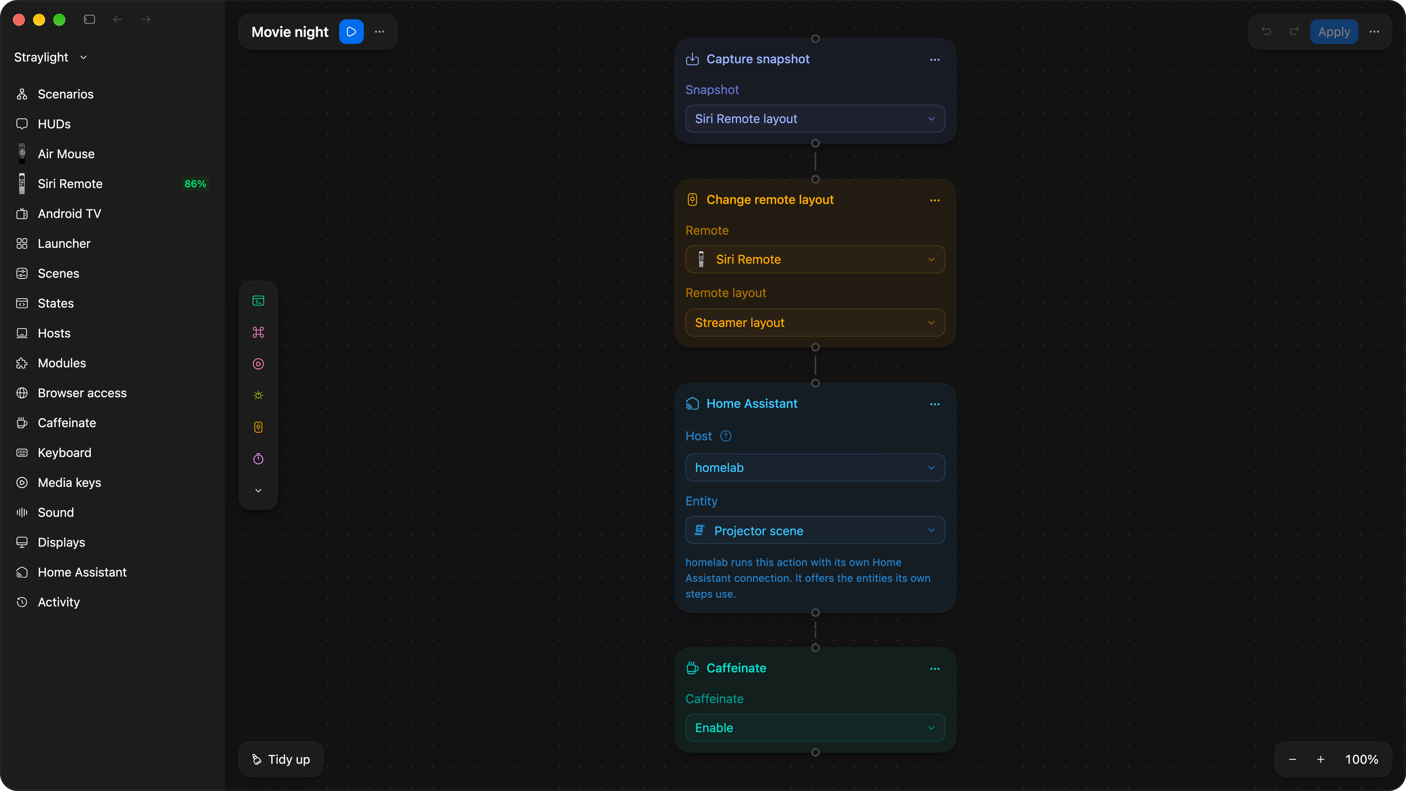 A demo scenario called Movie night on the editor canvas at 100%: four cards in a column joined by dashed connectors, a violet Capture snapshot card saving the Siri Remote layout, an orange Change remote layout card switching the Siri Remote to its Streamer layout, a cyan Home Assistant card whose Host is homelab running the Projector scene, and a green Caffeinate card set to Enable.