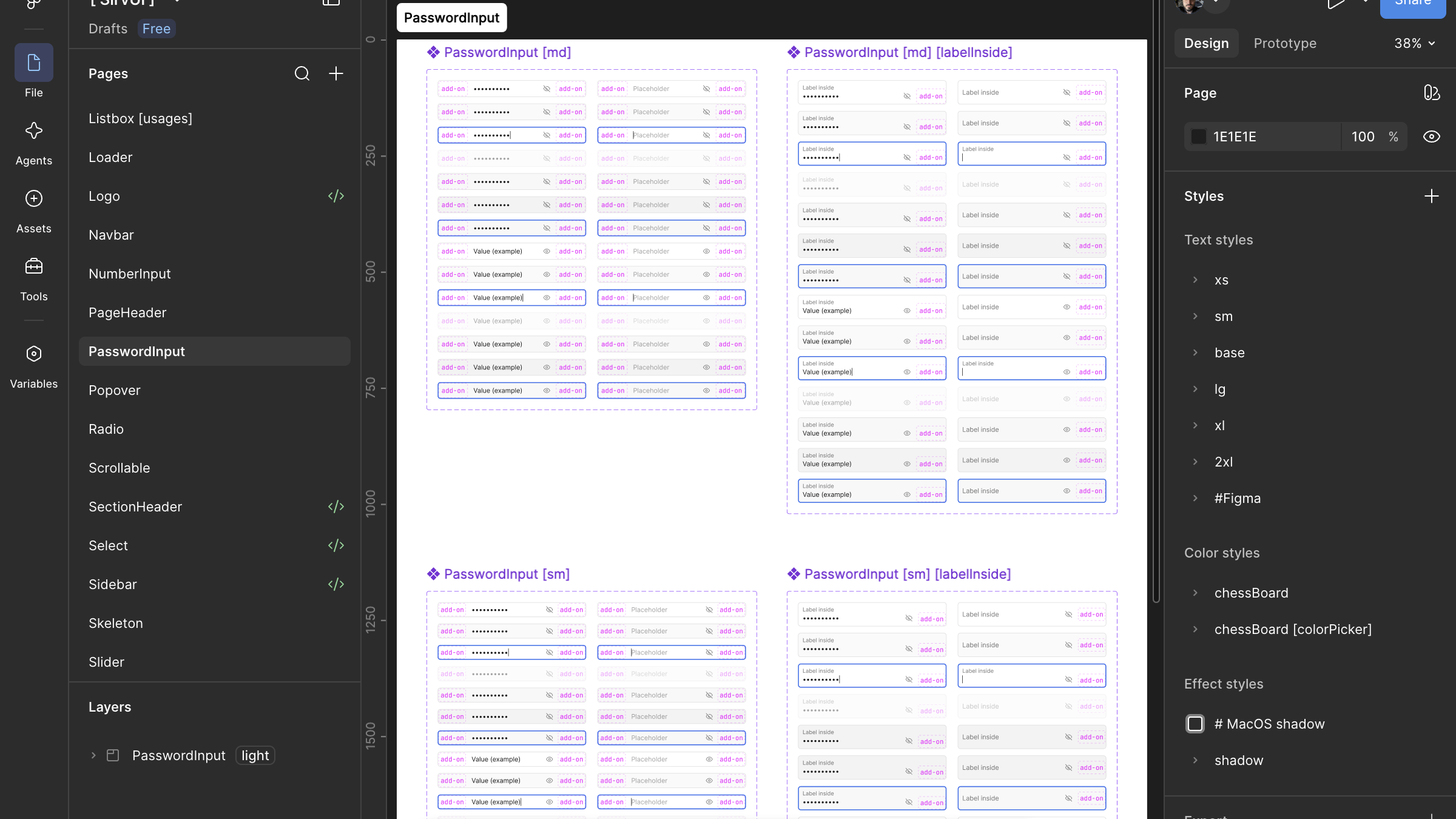 The PasswordInput page in Figma: md and sm sizes, with the label outside or inside, each in every state from empty and filled to focused, disabled and with add-ons.