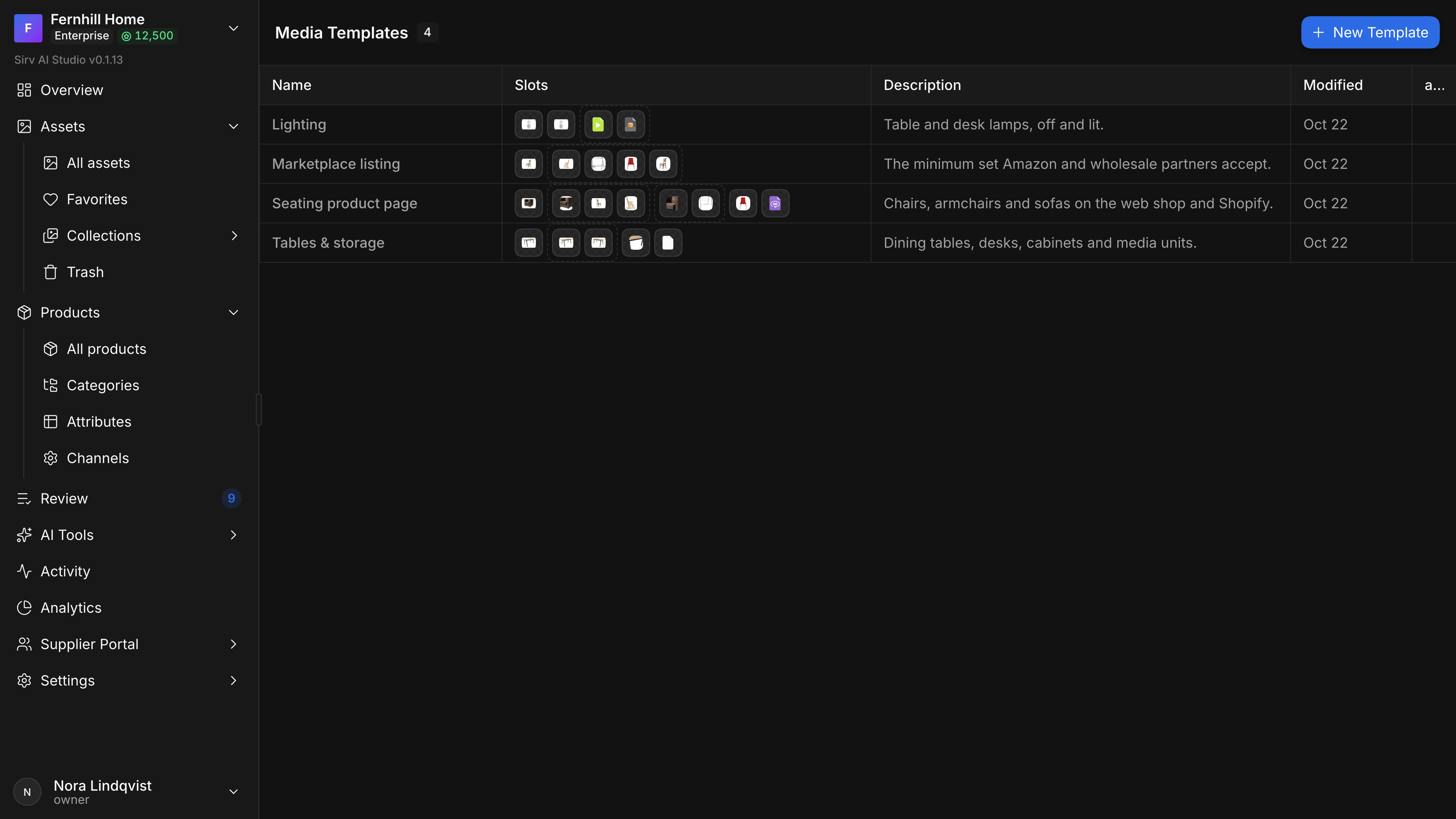 The Media Templates list: Lighting, Marketplace listing, Seating product page and Tables & storage, each with a strip of slot thumbnails where grouped slots sit inside dashed outlines, a description and a date.