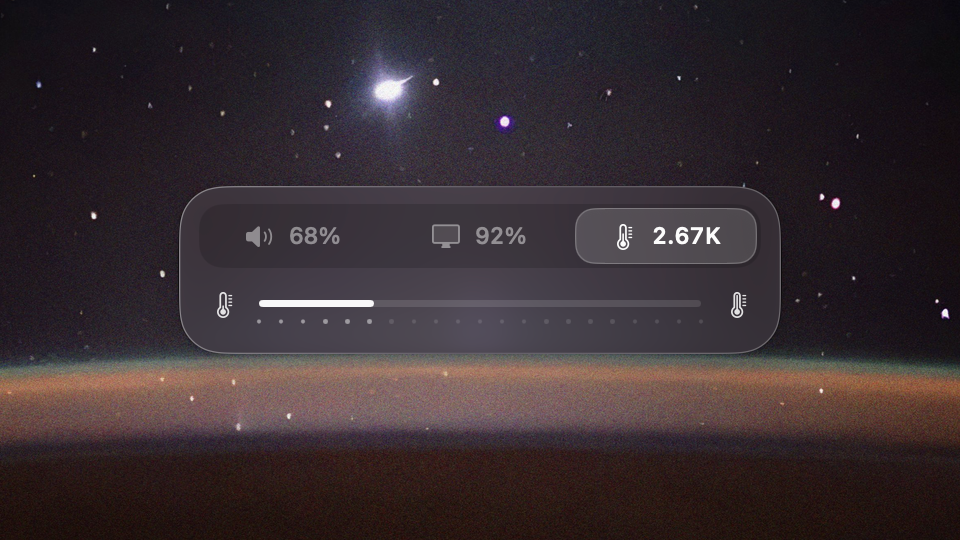 The same HUD with the lights tab selected, showing a thermometer icon, 2.67K and a colour-temperature bar.