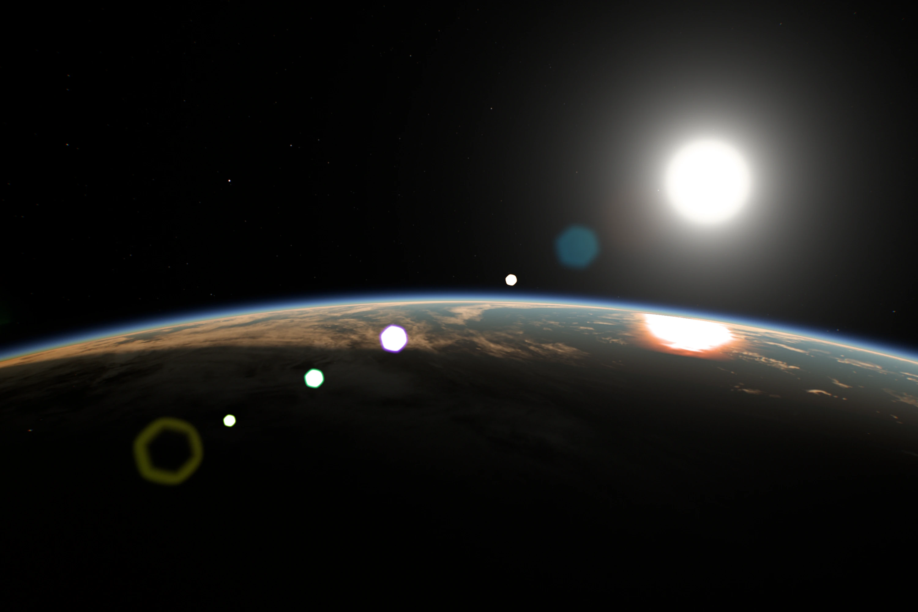 The Sun as a bright soft disc above a hazy limb, with a teal ghost beside it and a row of round white, violet and green ghost dots and a yellow hexagon running down across the Earth.