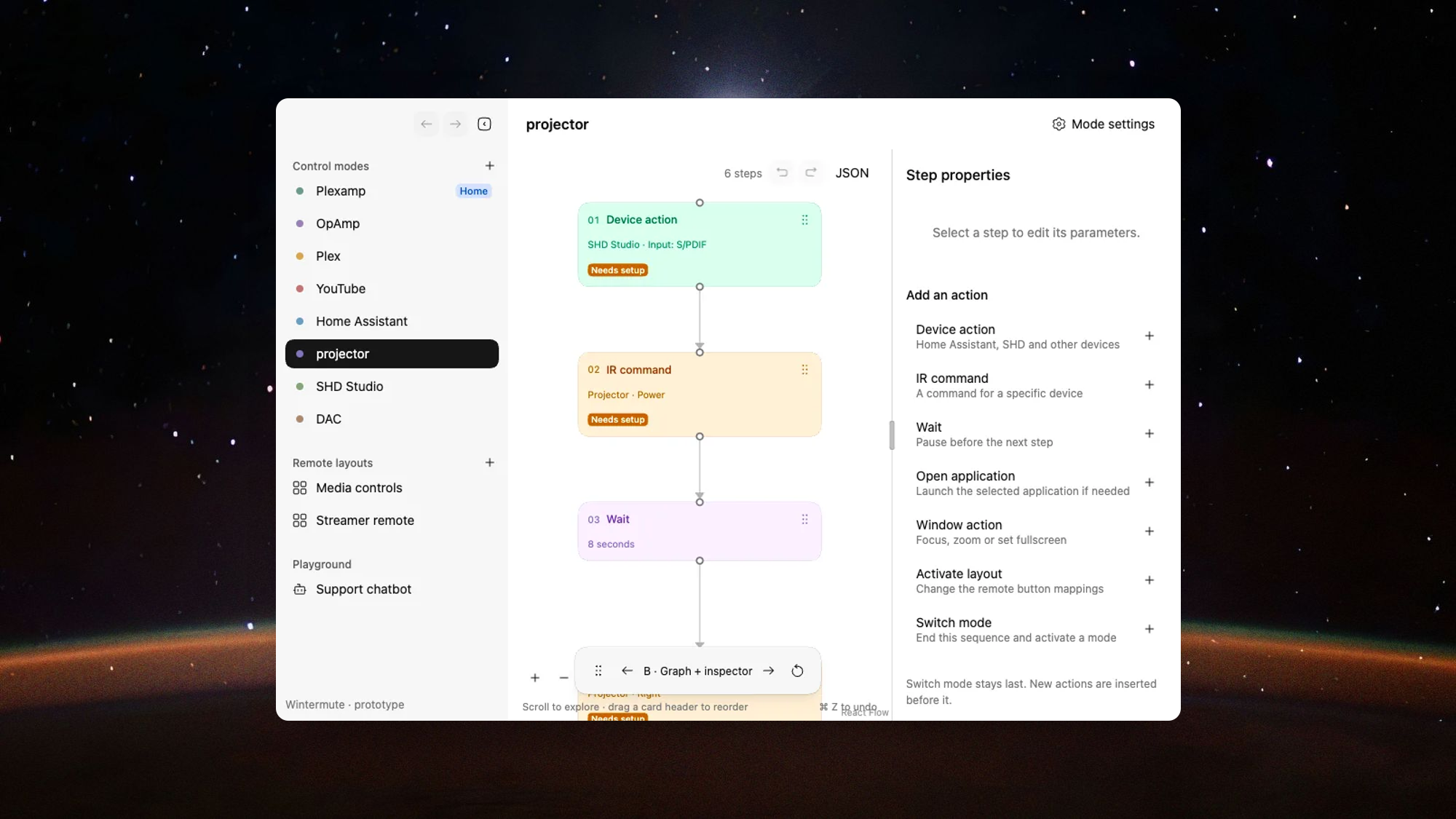 A light prototype with a vertical graph of green, orange and purple step cards and an Add an action palette on the right.