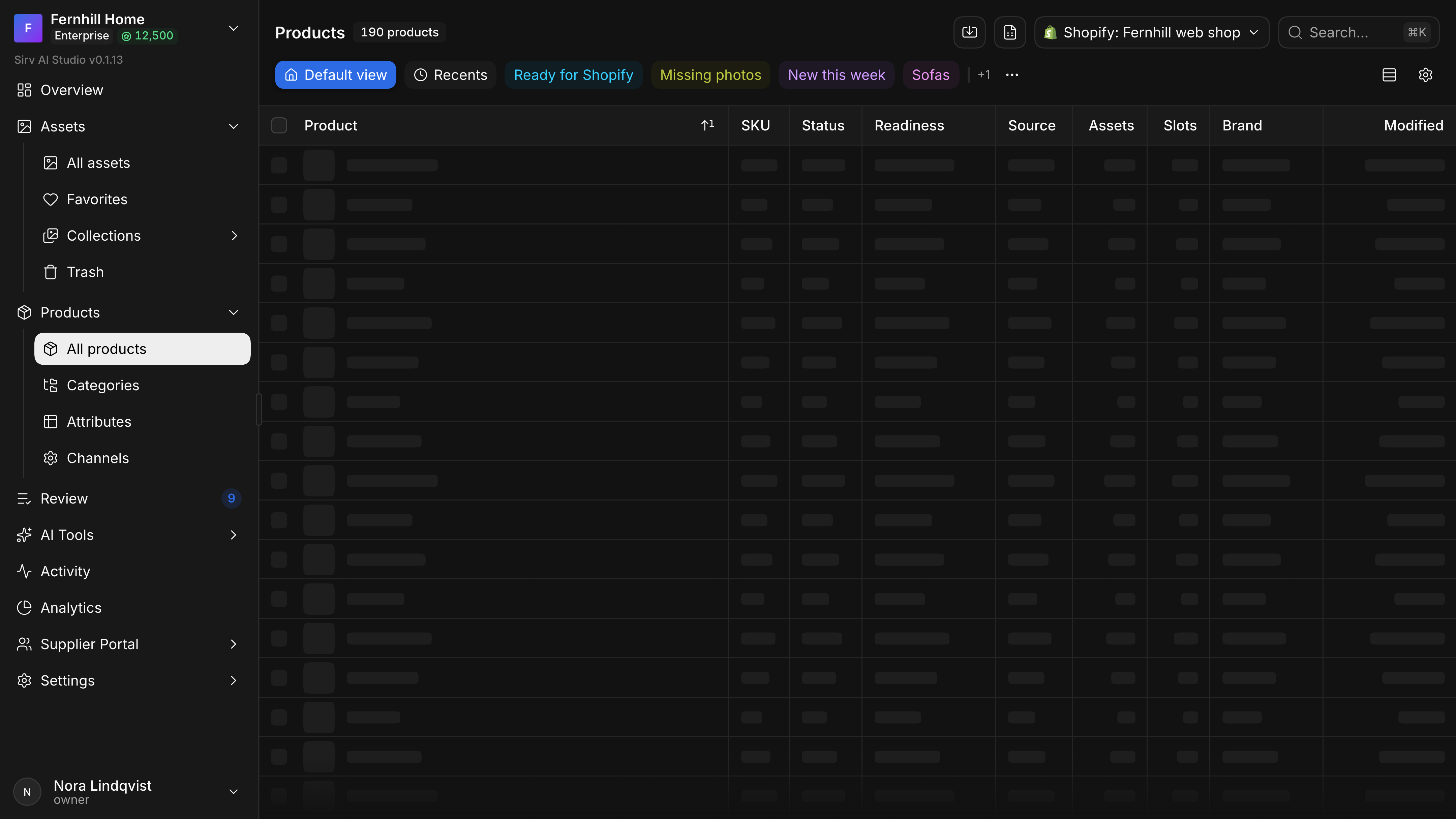The products table held in its loading state: under the real header, every column shows rounded grey chunks of different widths in place of names, SKUs, statuses, sources, counts, readiness bars and brands, with a square where each thumbnail will be.