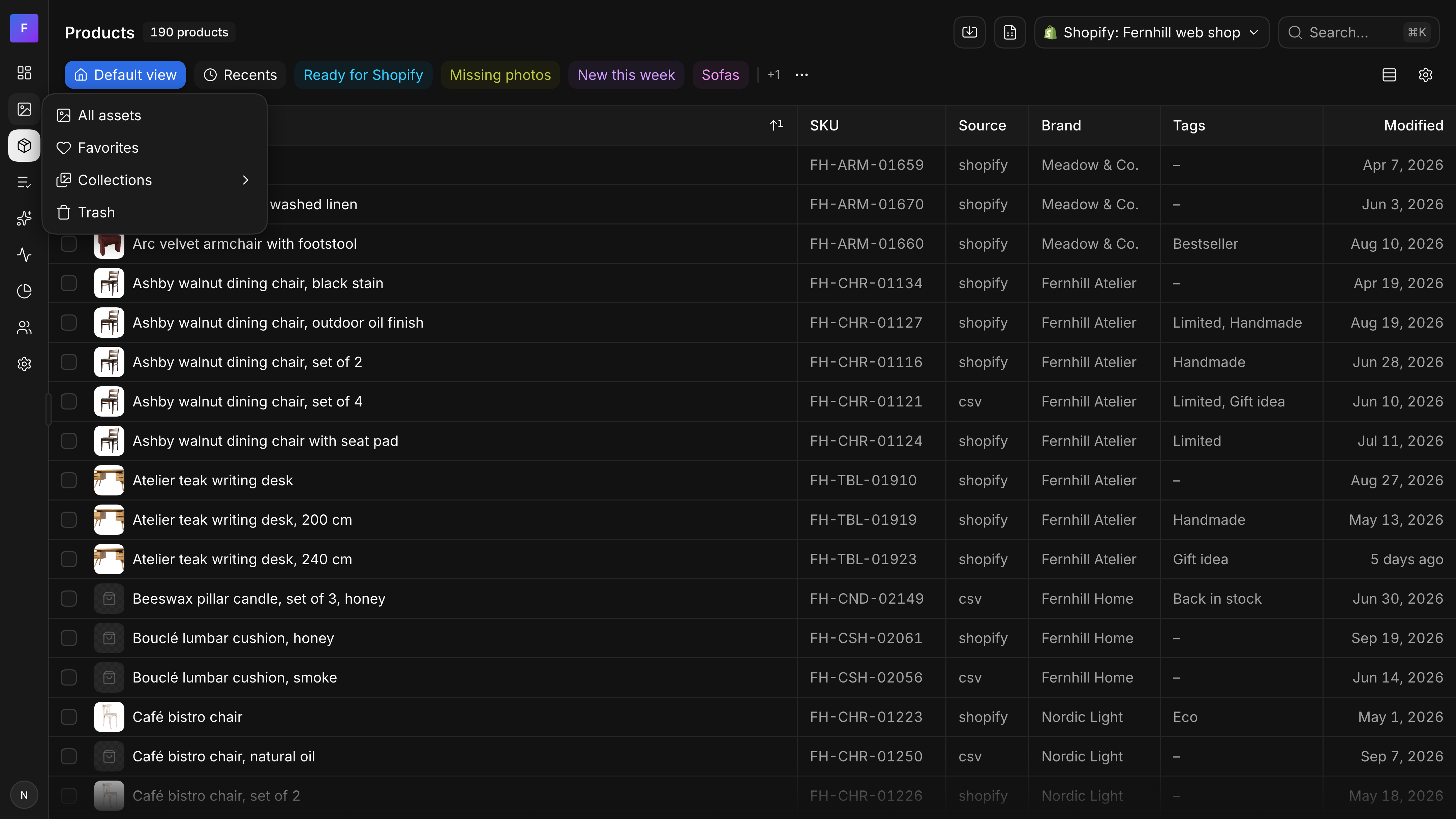 The sidebar folded to a strip of icons beside the products table, with a menu open next to the Assets icon: All assets, Favorites, Collections with a chevron, and Trash.
