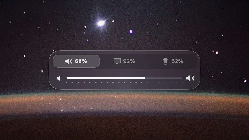 A dark glass HUD with custom tabs reading 68%, 92% and 52%, the volume tab selected, above a volume bar.