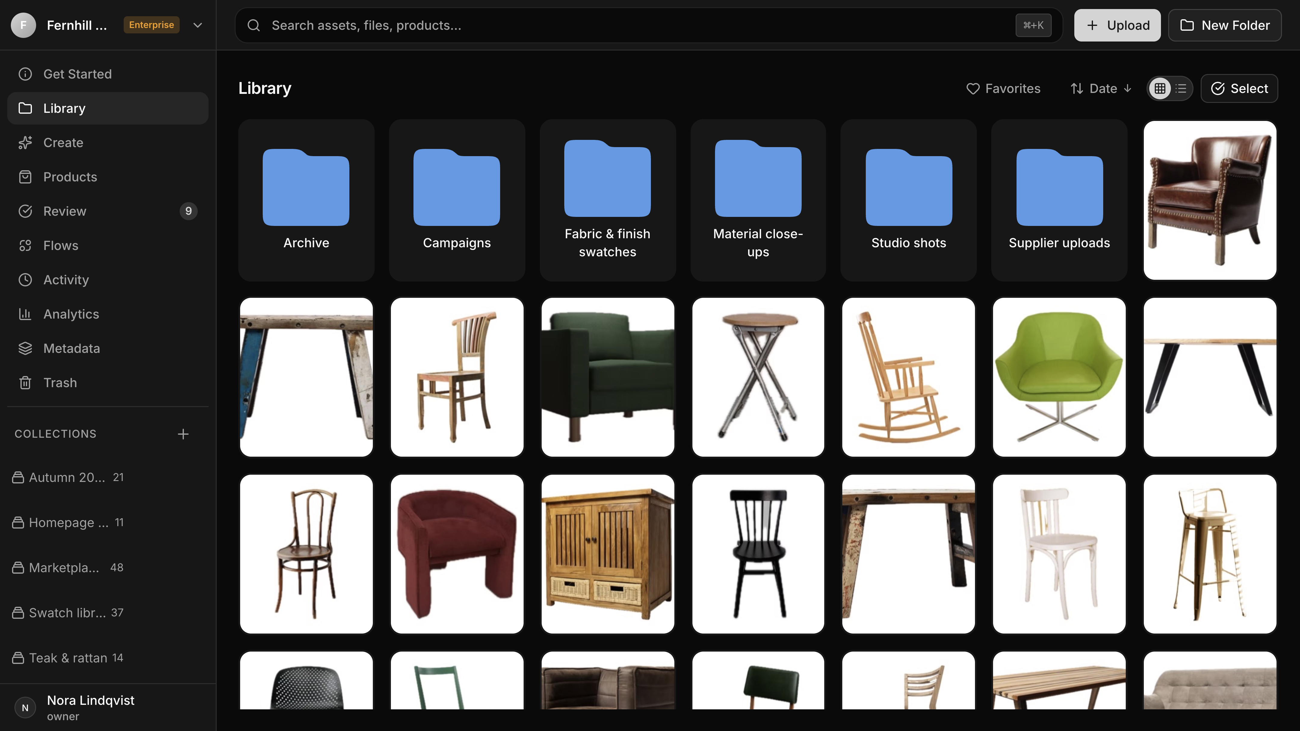 Studio on 4 March: the library beside a sidebar of ten top-level items from Get Started to Trash, a Collections list with names cut off such as Autumn 20… and Marketpla…, then AI Tools and Settings; folders sit in the same grid as photos.
