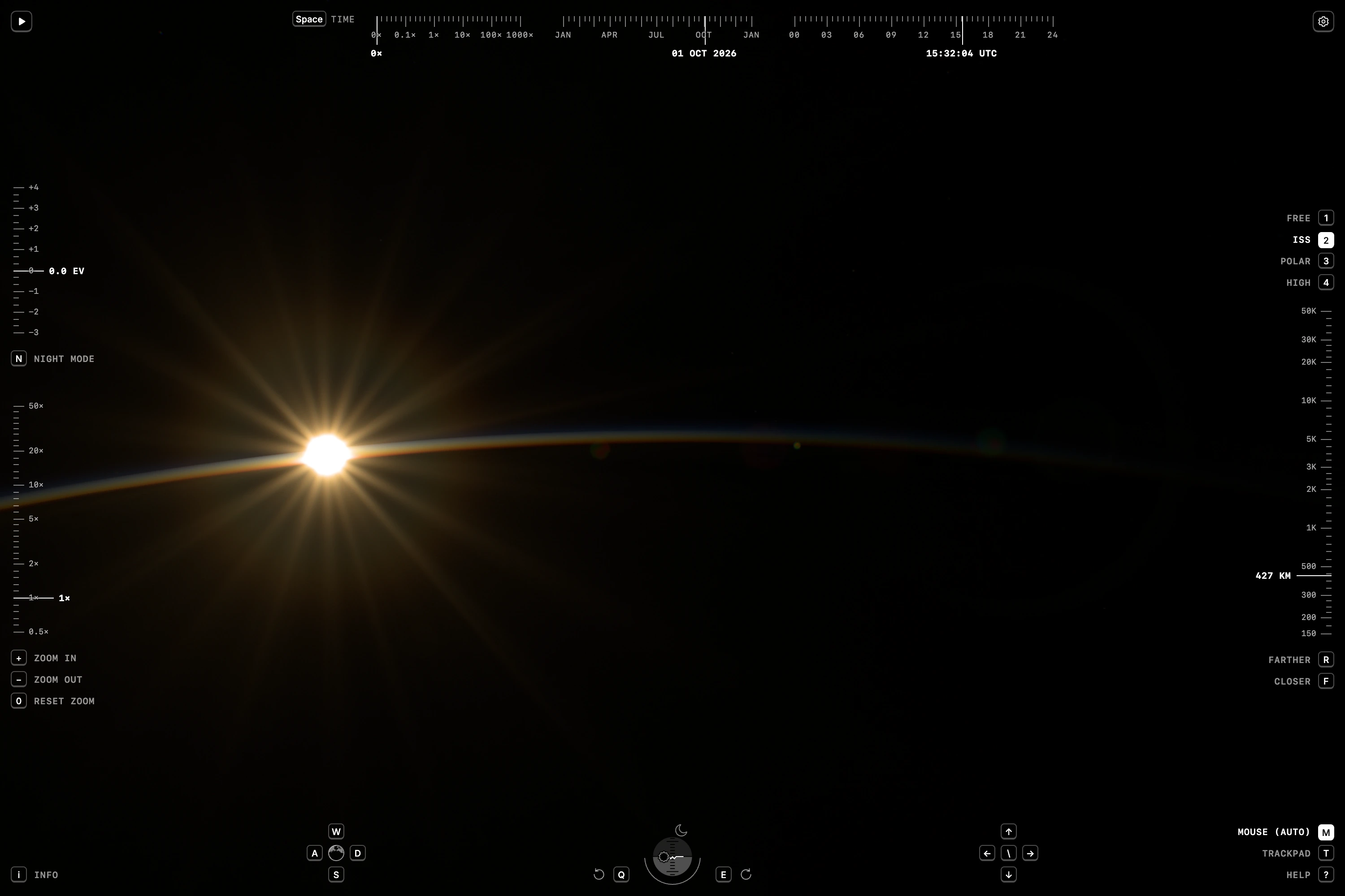 The Sun rising on a thin limb, framed by thin tapes: exposure at 0.0 EV and the lens on the left, the orbit buttons and altitude on the right, the time tape across the top and the horizon gauge with keycaps along the bottom.