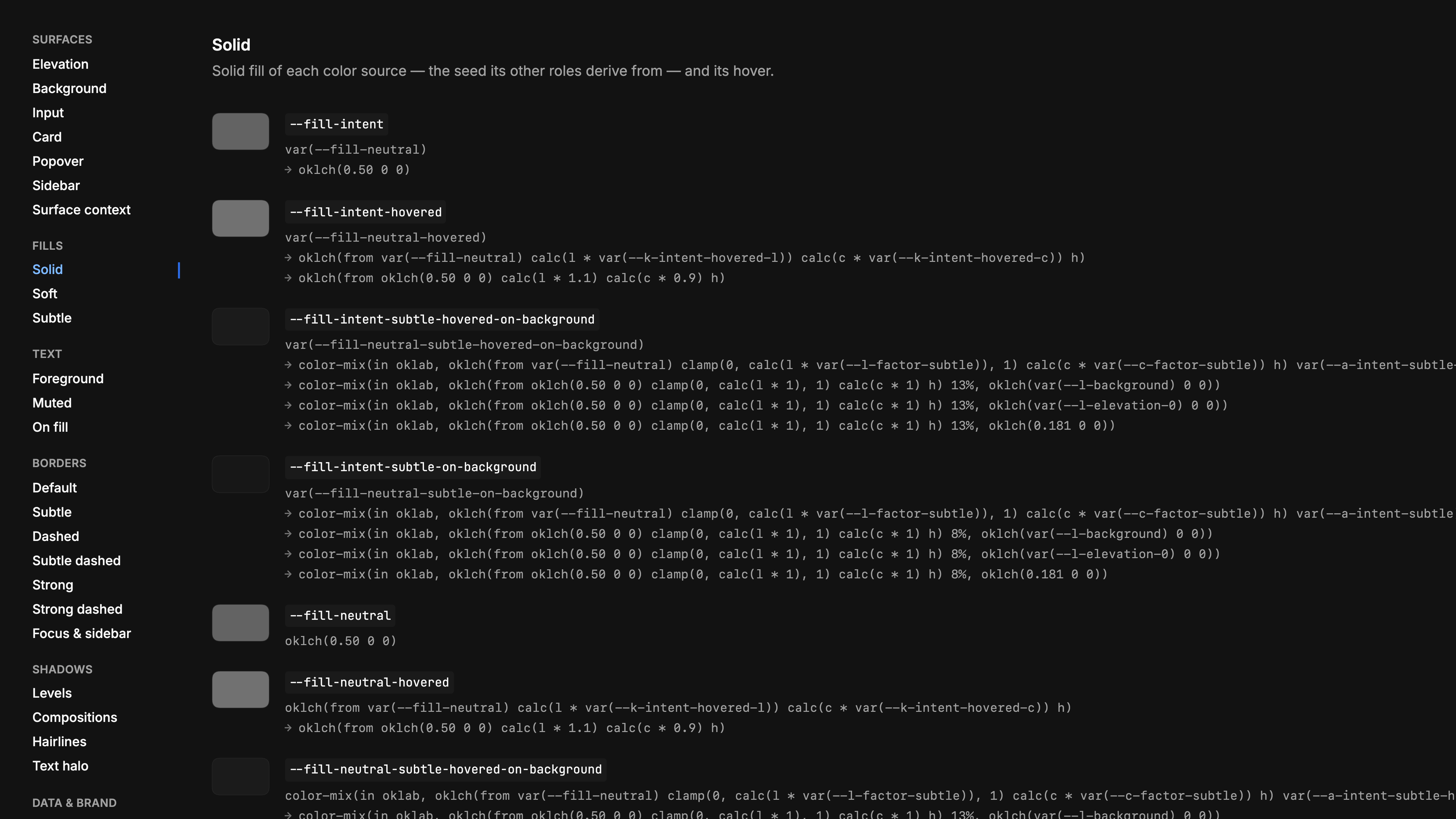 The Raw Variables page in the dark theme. A sidebar groups tokens into surfaces, fills, text, borders and shadows; the Solid fills panel lists --fill-intent and --fill-neutral with their hovered states and subtle fills mixed over the background, each with a color swatch and its definition expanded step by step, for example from var(--fill-neutral-hovered) through oklch(from var(--fill-neutral) calc(l * var(--k-intent-hovered-l)) ...) to oklch(from oklch(0.50 0 0) calc(l * 1.1) calc(c * 0.9) h).