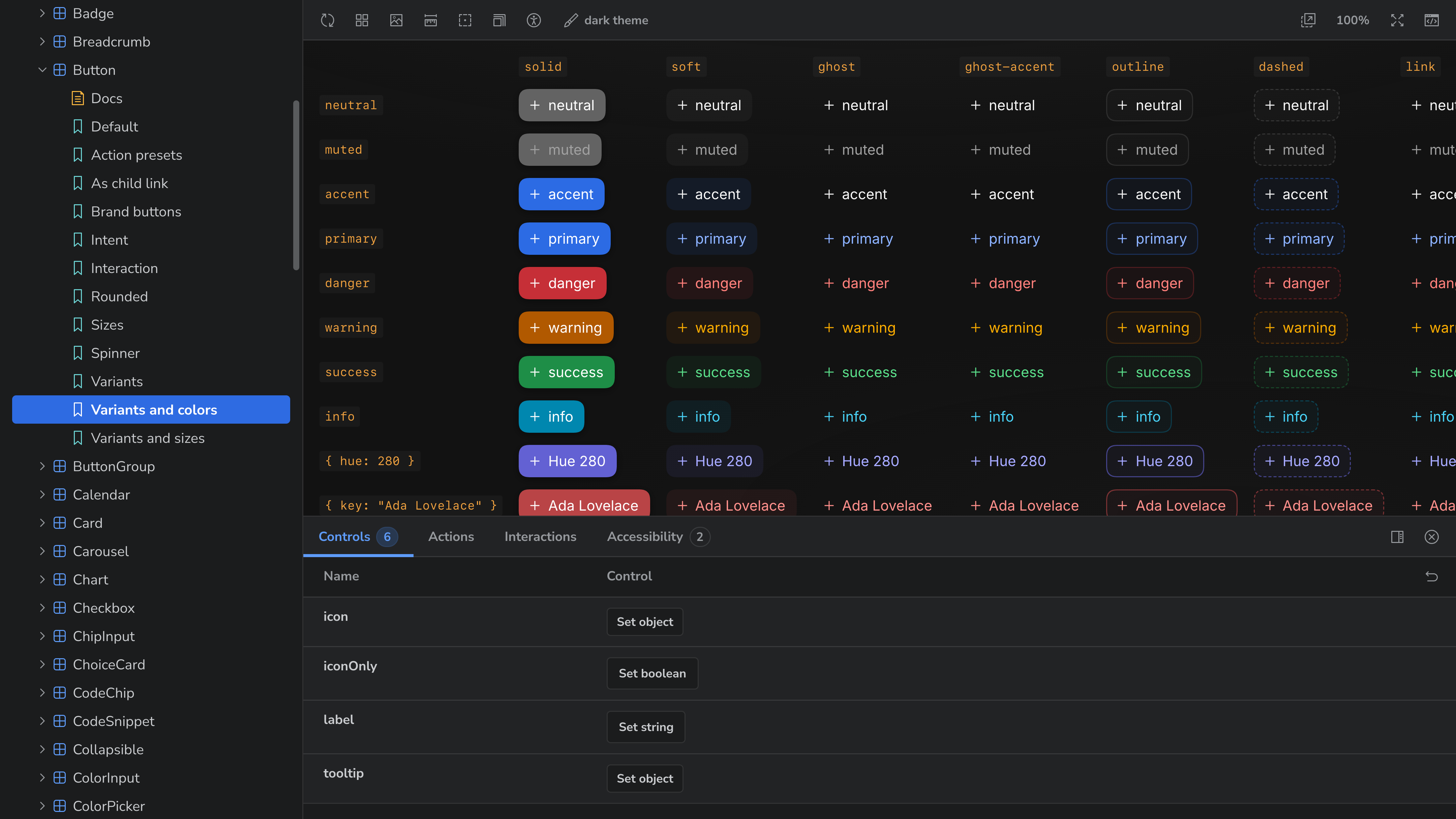 Studio's Storybook in June on Sid-Kit's Button: a grid of intents from neutral to a hue of 280 and a key of Ada Lovelace against variants solid, soft, ghost, ghost-accent, outline, dashed and link, above a Controls panel for icon, iconOnly, label and tooltip.