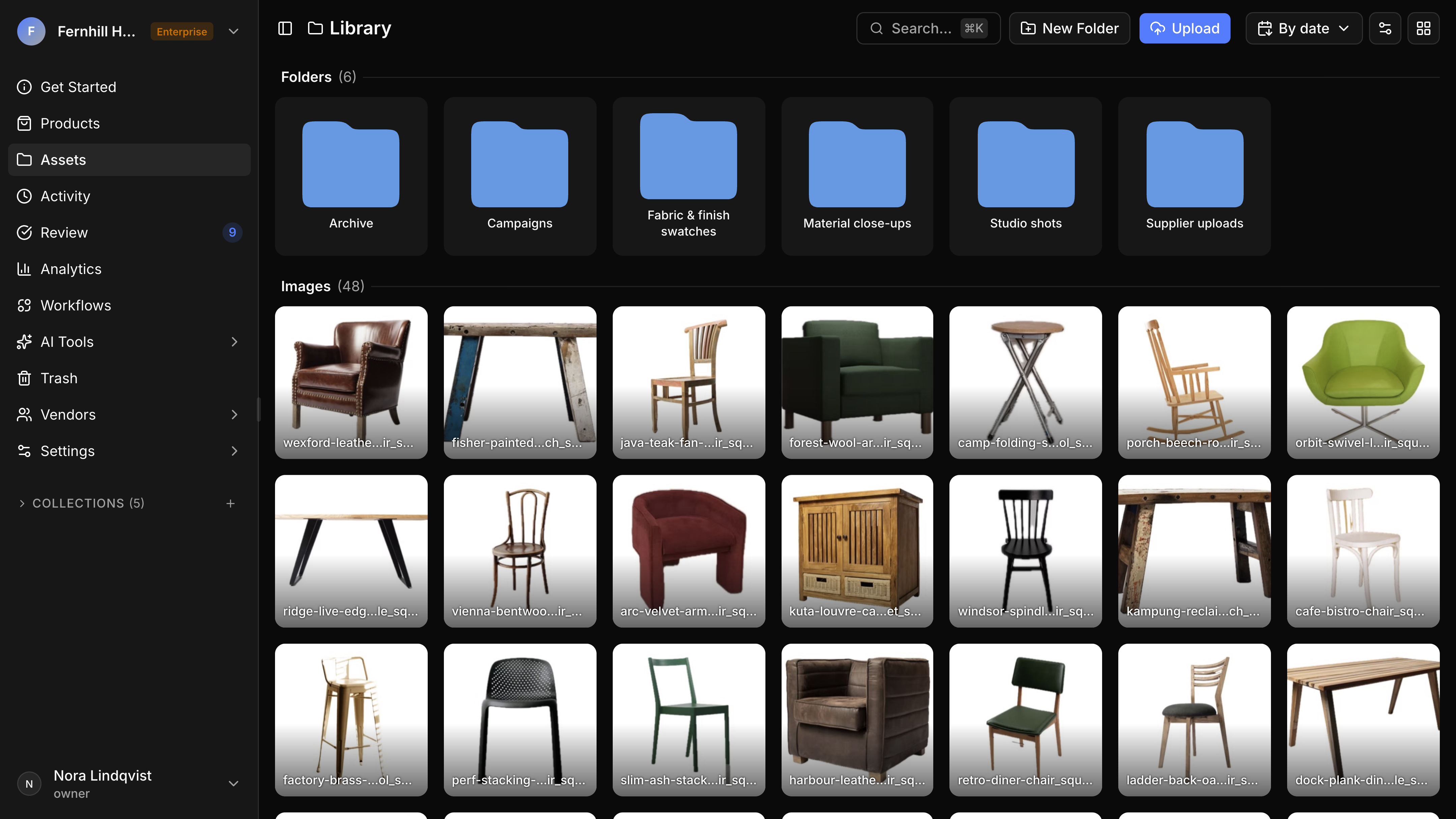 Studio on 10 March in the standard sidebar layout: Get Started, Products, Assets, Activity, Review, Analytics, Workflows, AI Tools, Trash, Vendors and Settings, with Collections folded below, beside the library's folders and photos.