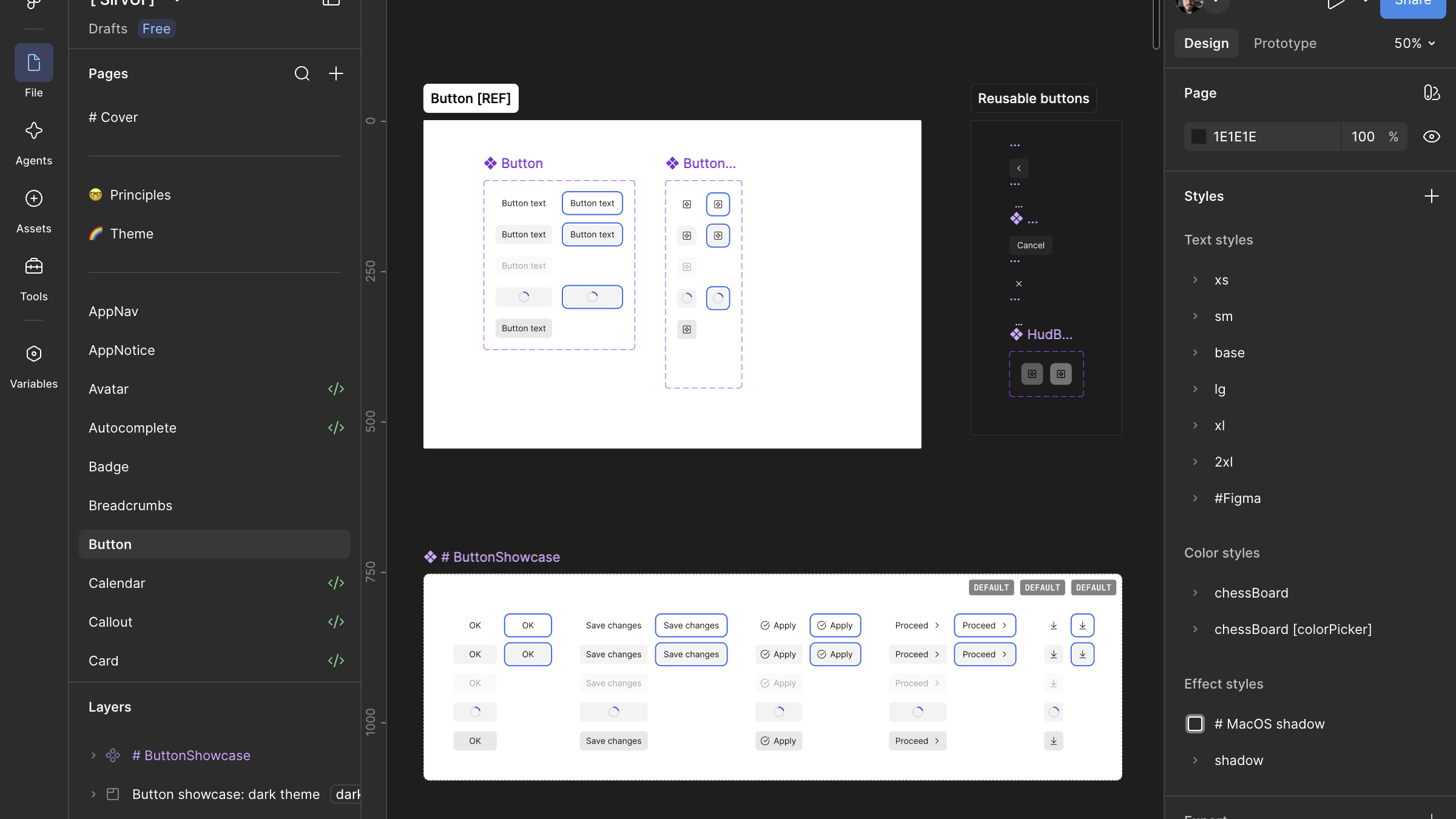 The Button page in Figma: the Button component set with its states, icon buttons, reusable buttons and a showcase of OK, Save changes, Apply, Proceed and download buttons in every state.
